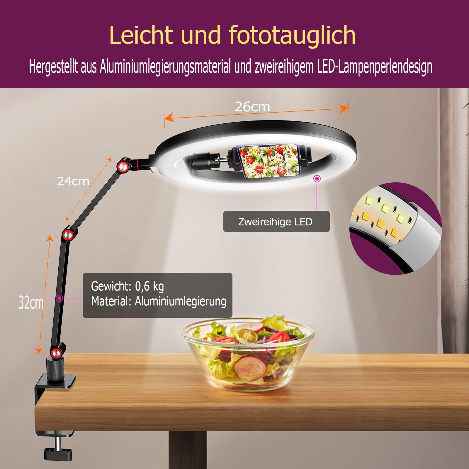 10'' Ringlicht für Schreibtisch mit Ständer und Telefonhalter, Overhead Stativ Ringlicht, Videokonferenzlicht mit verstellbarem Schreibtischarmständer für YouTube,TikTok, Arbeit für Telefon, Webcam