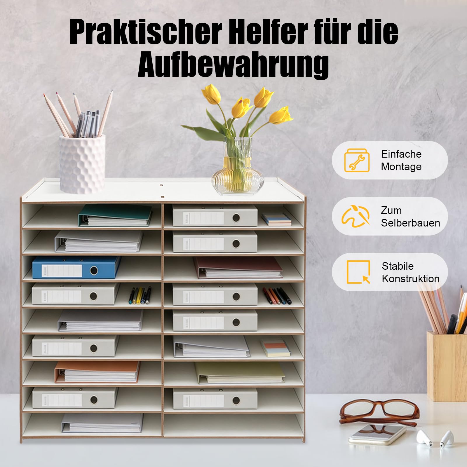 Dokumentenablage Holz 9 Schichten Ablagesystem für Büro 18 Ablagefächer für A4 Ordner Schreibtisch Organizer für Büro, Arbeitszimmer, Schule 51.8 x 33 x 49 cm (Weiß)