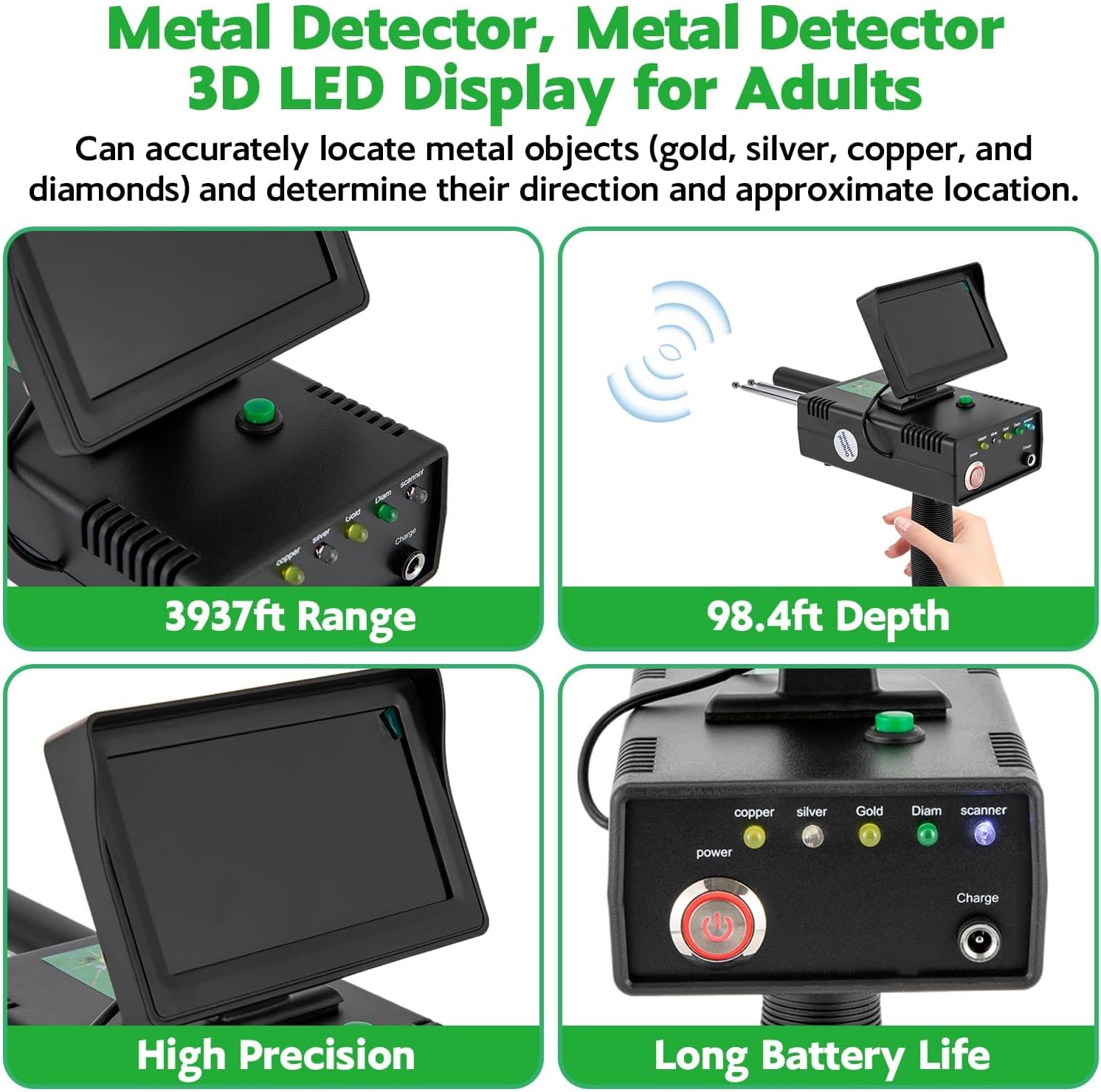 Metal Detector, 3D LED Display for Adults, 3937ft Range 98.4ft Depth Treasure Scanner High Accuracy Underground Metal Detector Locator for Adults Professional