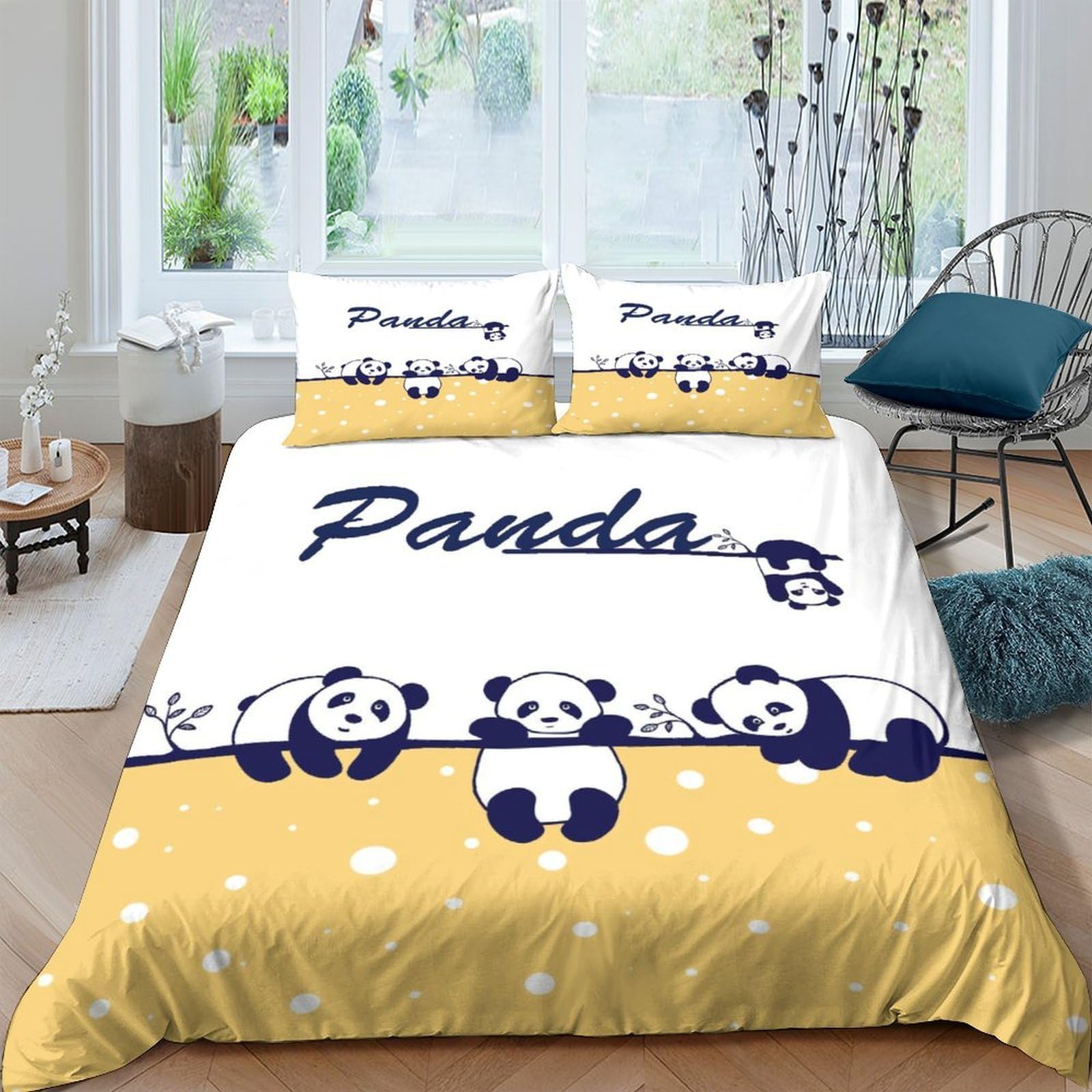 GPLZQXKJNH 3D Printed Panda Cartoon Duvet Cover Set Microfiber Yellow Animal Bedding with 2 Pillowcases for Bedroom Decor Single（135x200cm）