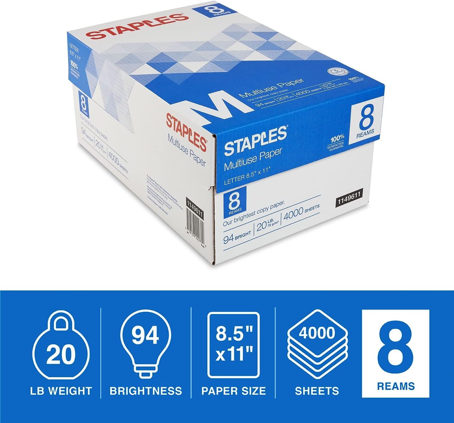 Multiuse Multipurpose Copy Fax Inkjet & Laser Printer Paper, 8 1/2" x 11" Letter Size, 94 Bright White, 20 lb. Density, 500 Sheets per Ream; 8 reams per case (Total of 4,000 Sheets) : Office Products