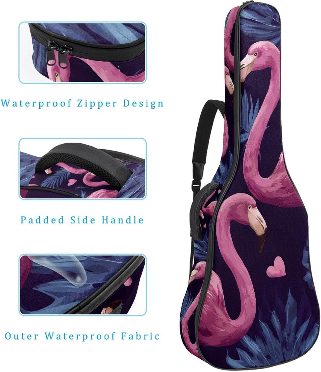 Acoustic Guitar Gig Bag 10mm Thick Padding, Soft Waterproof Guitar Case with Adjustable Backpack Straps for 40-42 Inch Guitar, Tropical Pink Flamingos and Hearts Pattern