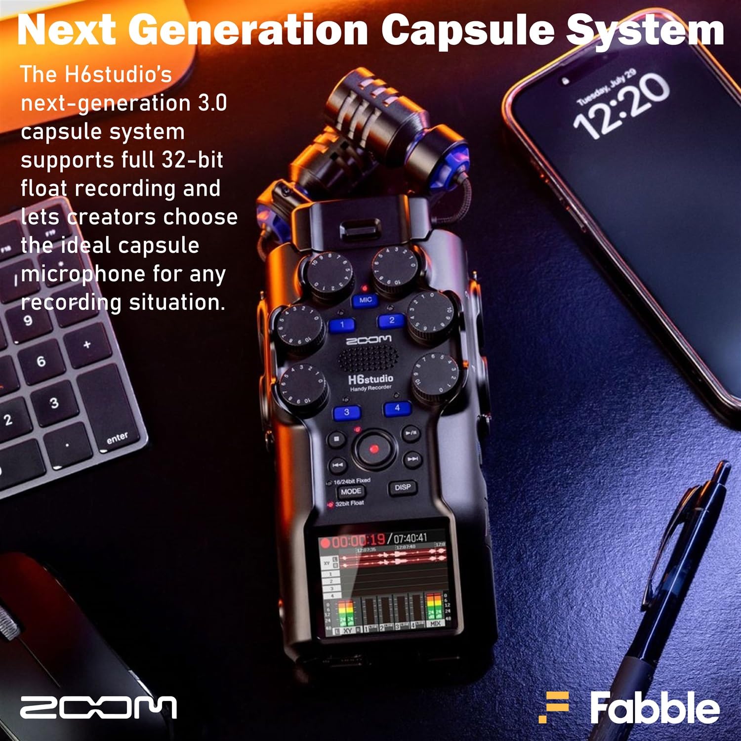 Zoom H6studio Handliches Recorder-Set mit 2 × ZDM-1 Podcast-Mikrofon-Packs, Kopfhörern, Tischständern, XLR-Kabeln, Windschutzscheiben, Speicherkarten, Batterien und Zubehör