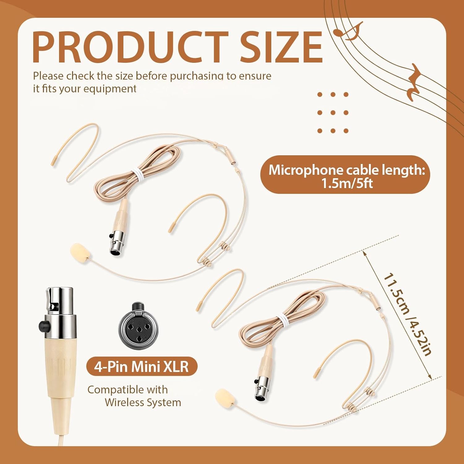 Sabary 2 Pcs Headset Microphone Dual Headworn Earset Over Ear Hanging with 4 Pin XLR 5ft Cable Compatible with Shure Wireless System Bodypack Transmitter for Lectures Live Performance Theater(Beige)