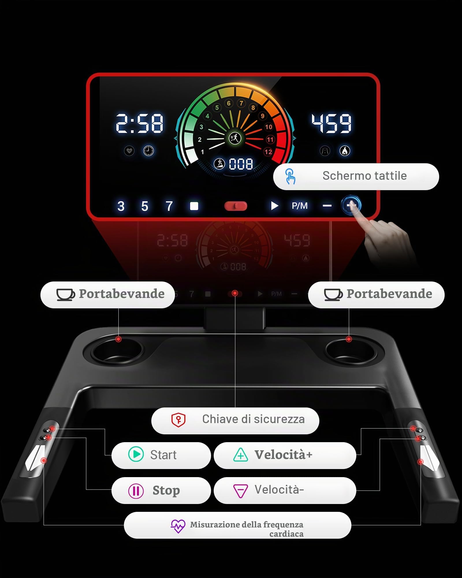 CURSOR Tapis Roulant per Casa con Pendenza 16%, 14KM/H, Tapis Roulant Pieghevole con Misurazione del Battito Cardiaco, Tapis Roulant per Casa con Silenzioso Motore da 3,5 CV, Display LED, Max Carico