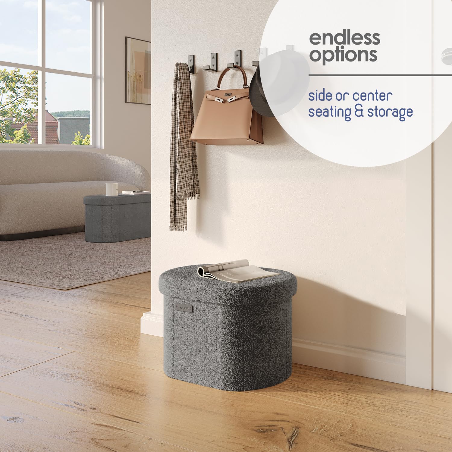 Ottomane ronde avec rangement pour le salon, 40,6 cm, petit ottoman, repose-pieds, repose-pieds en boucle, pouf ottoman max 150 kg, gris