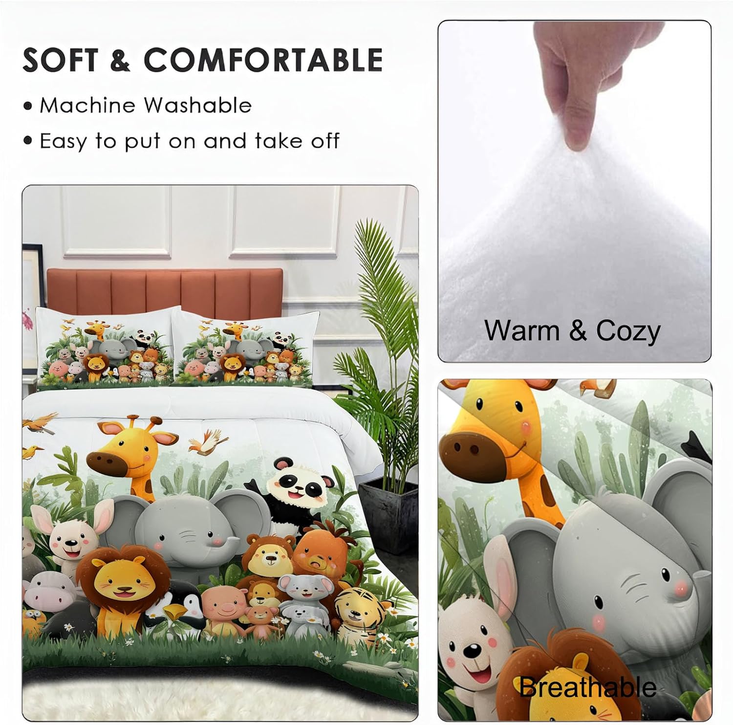 Cartoon Animals Comforter Set Queen Size, Panda Giraffe Bedding Set for Girls Boys, Green Quilt Bed 90"X90" Bedding Comforter Sets with 2 Pillowcase Room Decor