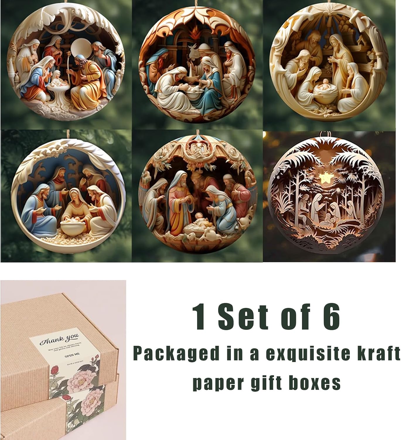 6 Pack Nativity Scene Ornaments - 3.15'' Diameter & Gifts Boxed Keepsake | Christmas Tree Nativity Scene Hanging Ornaments, The Birth of Jesus Decor, Religious Gifts for Christian & Family