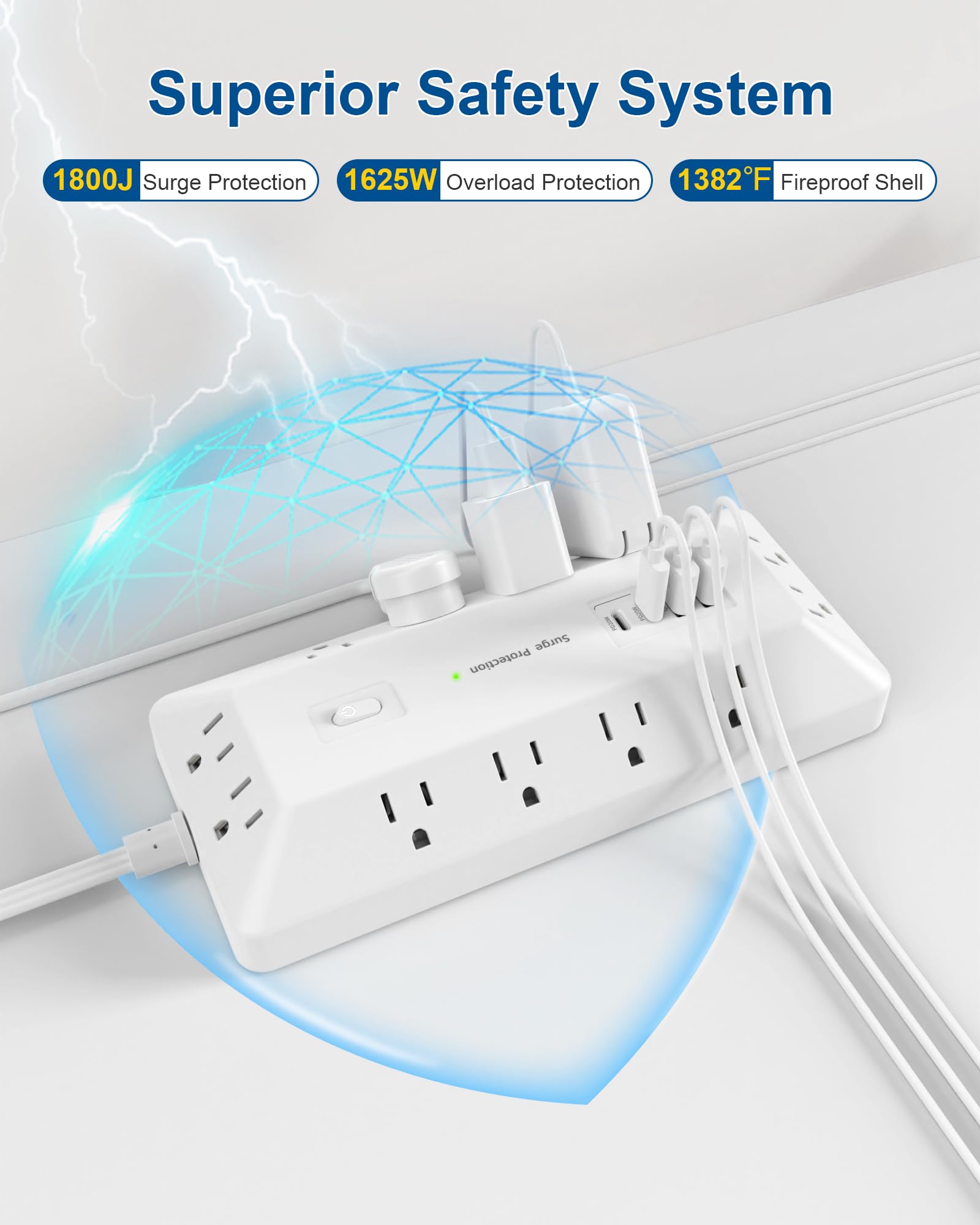 Ciabatta per computer con protezione da sovratensioni, 12 prese AC, 2 USB-C 2 USB-A, cavo di prolunga piatto da 1,8 m per stazione di ricarica