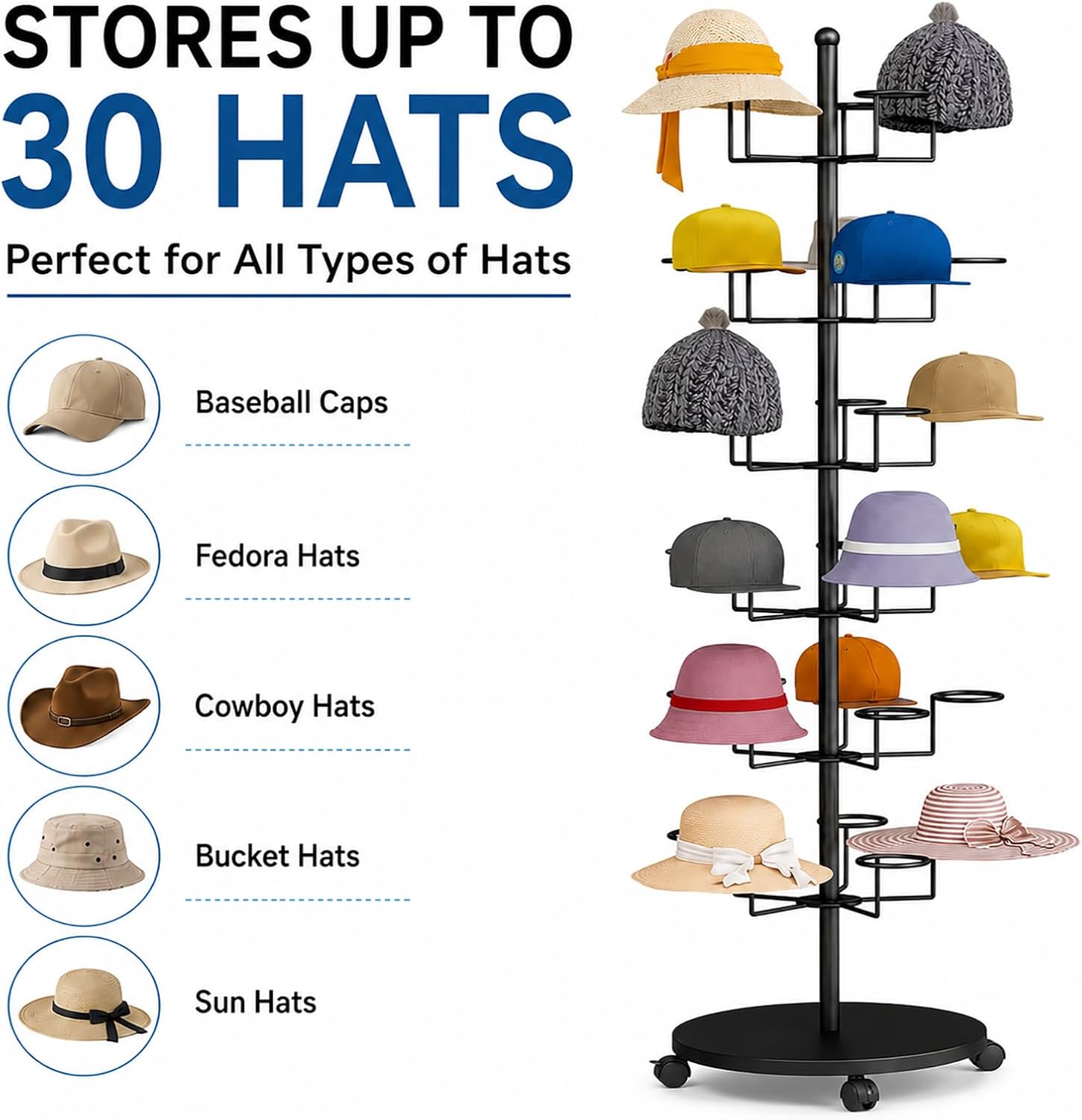 Hat Rack Stand 40-Hooks, Hat Display Stand Metal,Hat Display for Stores， Home or Store of Standing hat Rack(Black,8th Floor)