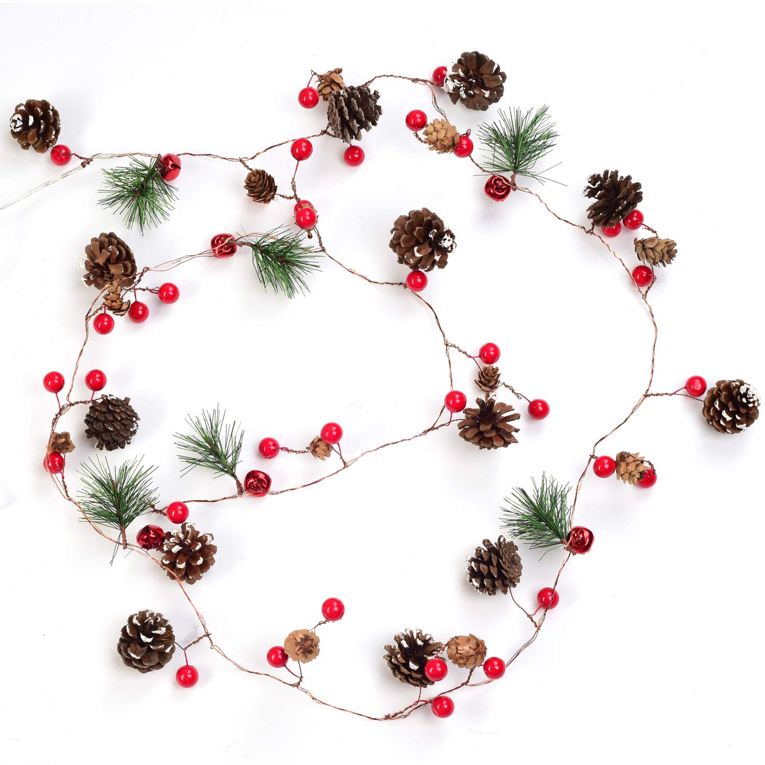 Weihnachtsgirlande mit Lichtern, rote Beeren mit Tannenzapfen, Girlande mit Lichtern, 16,5 m, 20 LEDs, batteriebetrieben, Tannenzapfen, Lichterkette für Innen- und Außenbereich