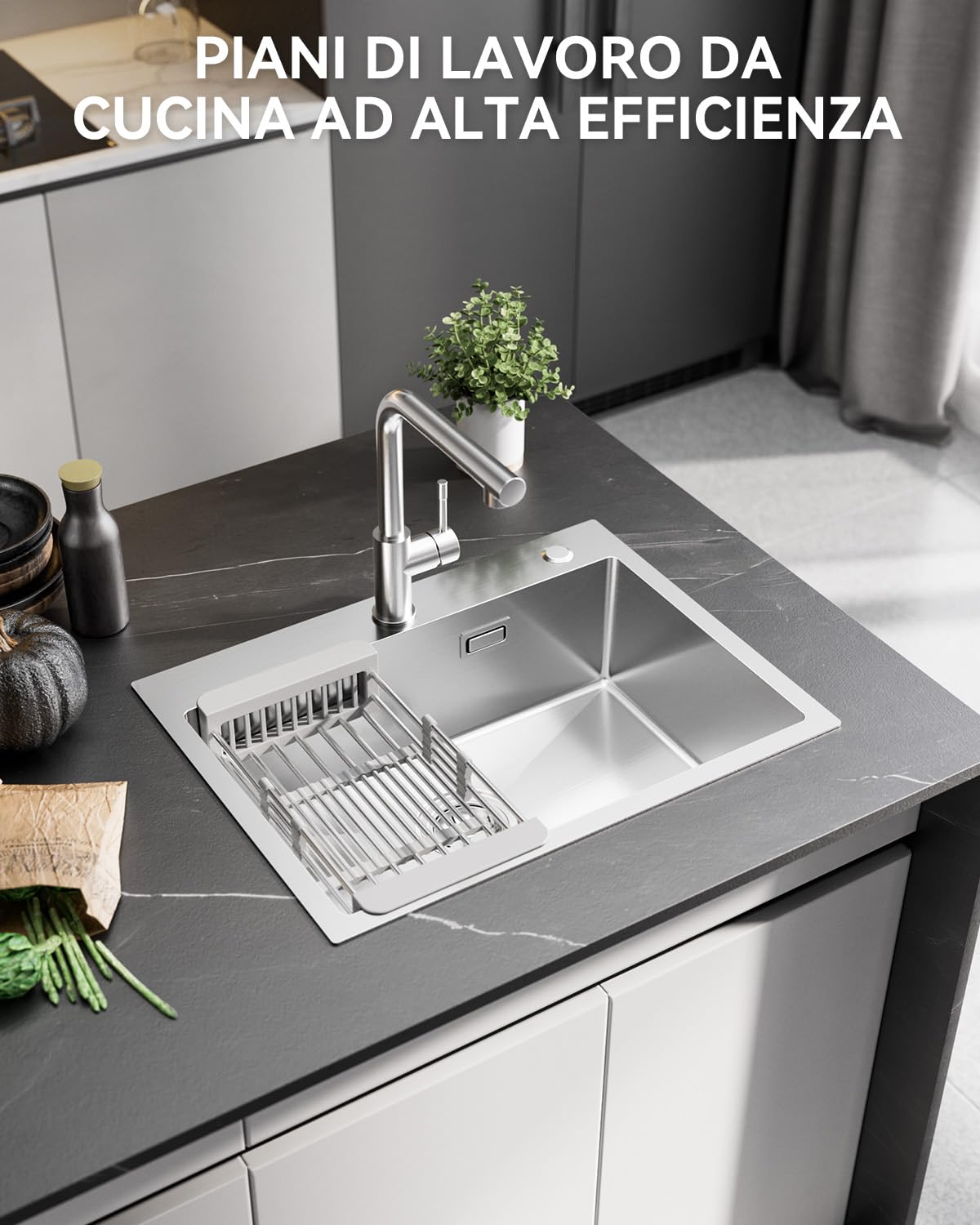 SUS 304 - Lavello da cucina da 60 x 45 cm, moderno lavello da incasso, rettangolare, in acciaio inox, per sottolavelli a partire da 60 cm, con 2 fori per rubinetto e sifone