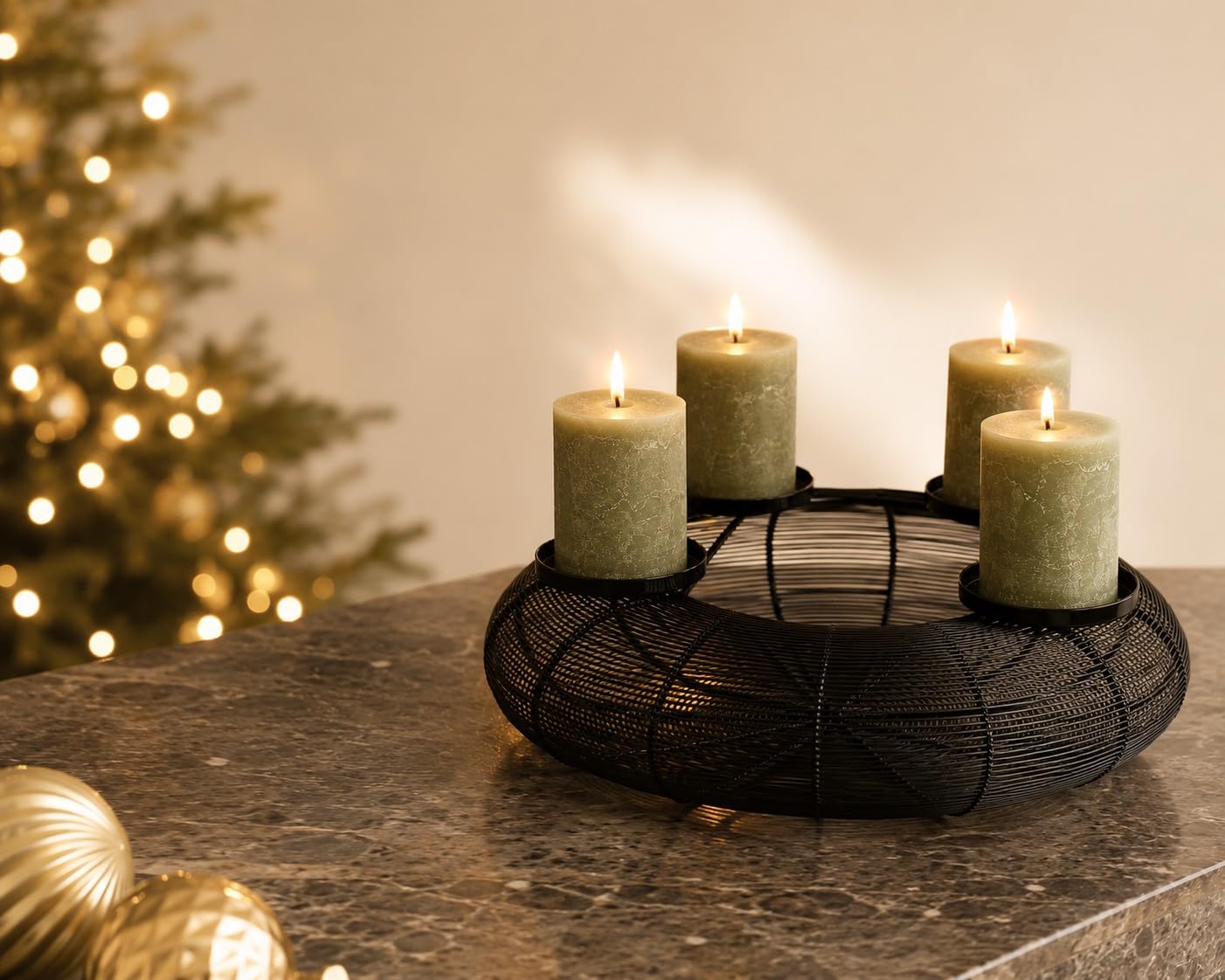 Edler Advents-Kranz Weihnachts-Gesteck aus Metall Ø 38cm schwarz Deko-Kranz Kerzenhalter Weihnacht Stumpen-Kerzenhalter Weihnachten Advent Winter Weihnachts-Deko Wohungs-Dekoration