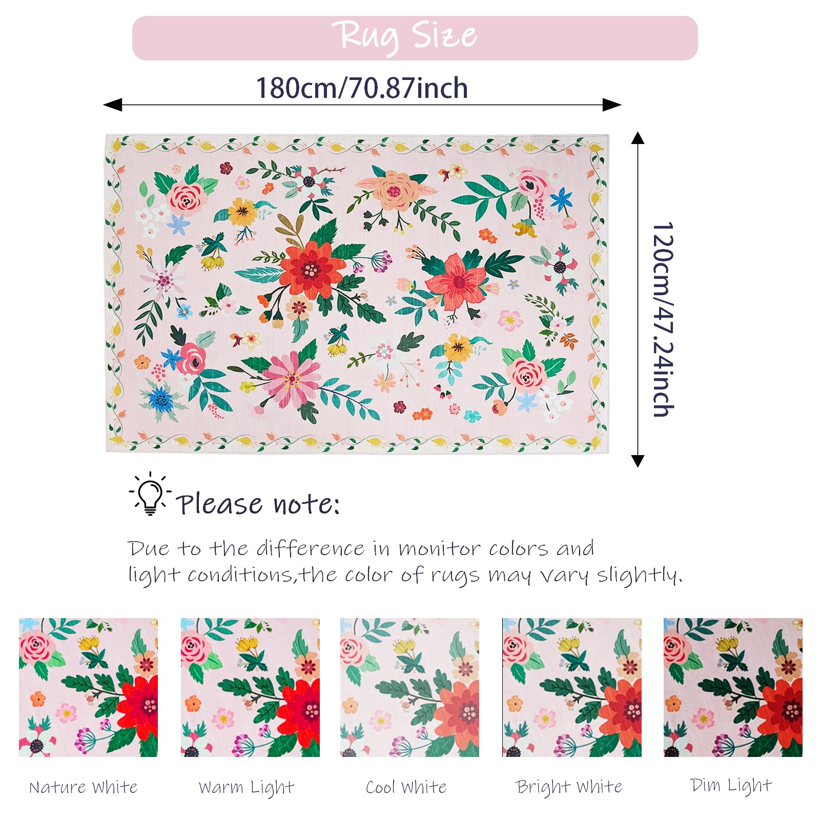 USTIDE 4x6ft Floral Pink Rug Non-Slip Washable Faux Wool Carpet for Girls Bedroom Nursery, Playroom Soft Kids Room Rug - Image 2