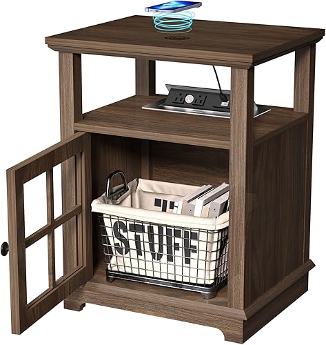 Miniatura 21 de HIFYOBRO Mesa auxiliar de 18 pulgadas con estación de carga, estante ajustable y almacenamiento, moderna mesita de noche de granja para dormitorio,