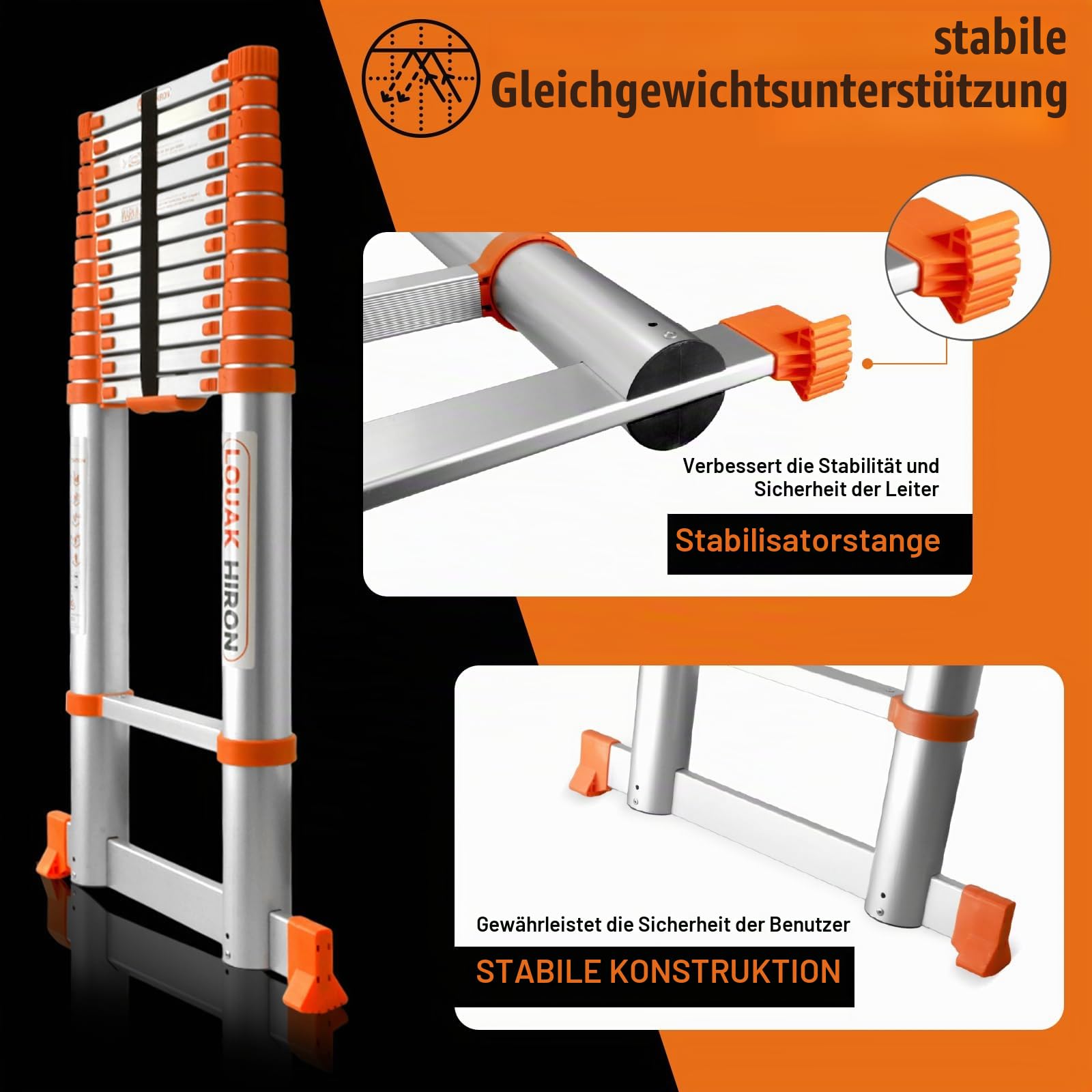 5,1M Alu Teleskopleiter mit Haken Ausziehbare Leiter Klappleiter mit Stabilisator Stehleiter Rutschfester, aus hochwertigem Aluminium, Ausziehleiter Mehrzweckleiter (orange)
