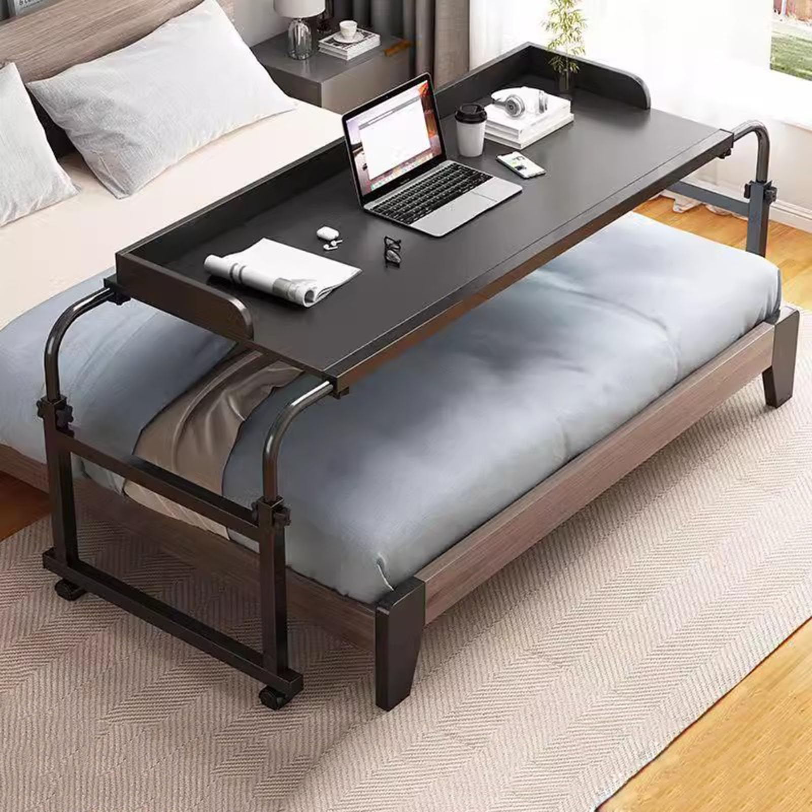 ZHFASDS Overbed Table Computer Workstation，Over Bed Desk Height Adjustable 65-95cm Food Tray Desk Medical Table With Wheels Standing Over Bed Table King Size(Color:Black)