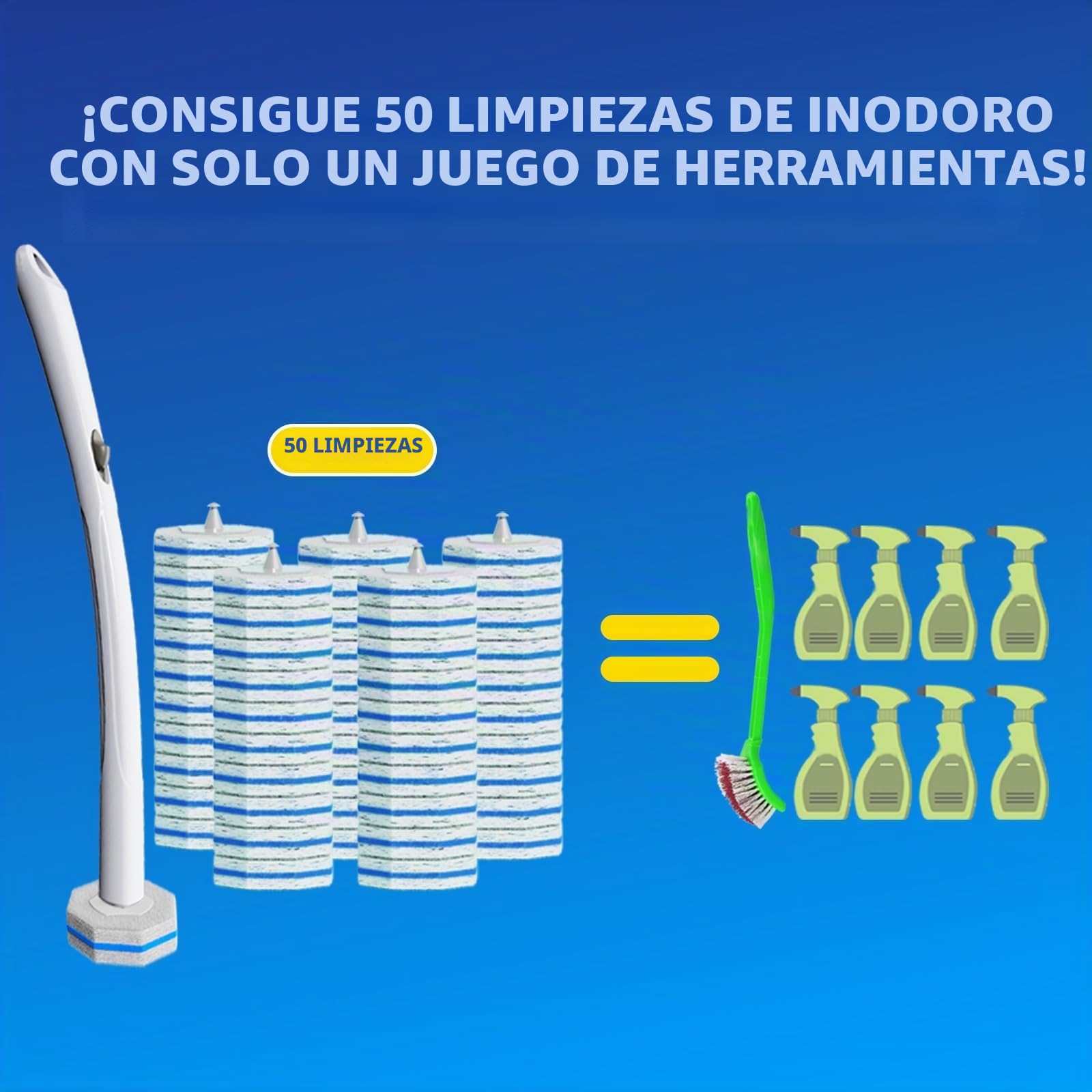 Sistema de Limpieza de Cepillo de Inodoro desechable, Cepillo de Limpieza de Inodoro, 50 Cabezales de Cepillo de Repuesto, Palo de Limpieza de Inodoro, Kit de Varita de toliet montado en la Pared,