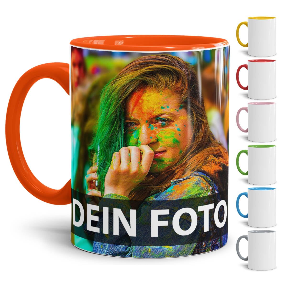 Tasse selbst individuell gestalten/Personalisierbar mit eigenem Foto bedrucken/Fototasse/Motivtasse/Werbetasse/Firmentasse mit Logo/Innen & Henkel Orange - XXL Druck