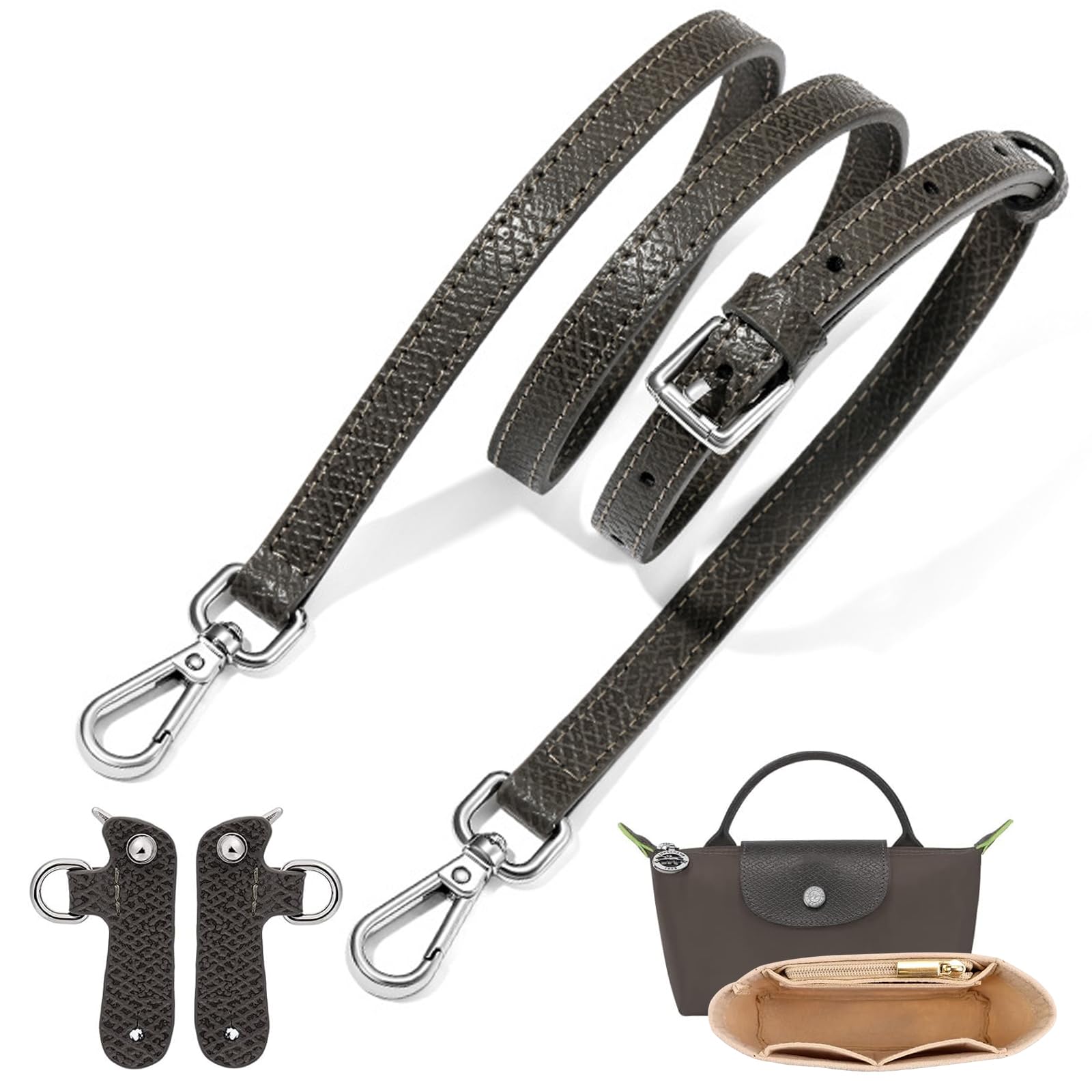 Leather Strap and Felt Purse Organiser Insert for LongChamp Mini Bag, Genuine Cowhide Leather Handbag Crossbody Shoulder Strap Kit Adjustable Purse Straps Replacement for Mini Longcamp Tote Bag