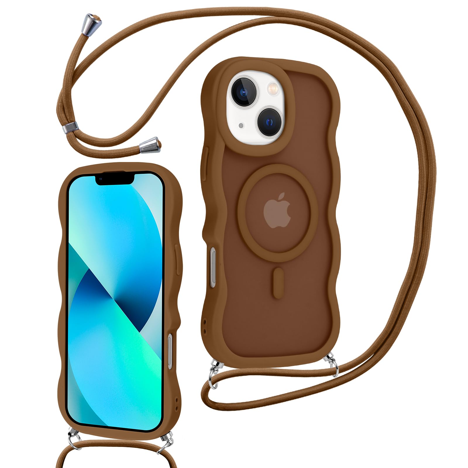Ethanger Magnetica Cover con Cordino per iPhone 13/iPhone 14 Custodia con 2 Vetro Temperato, Trasparente Ultra Sottile Antiurto Silicone Protettiva Cover con Laccio per iPhone 13/14 Argento
