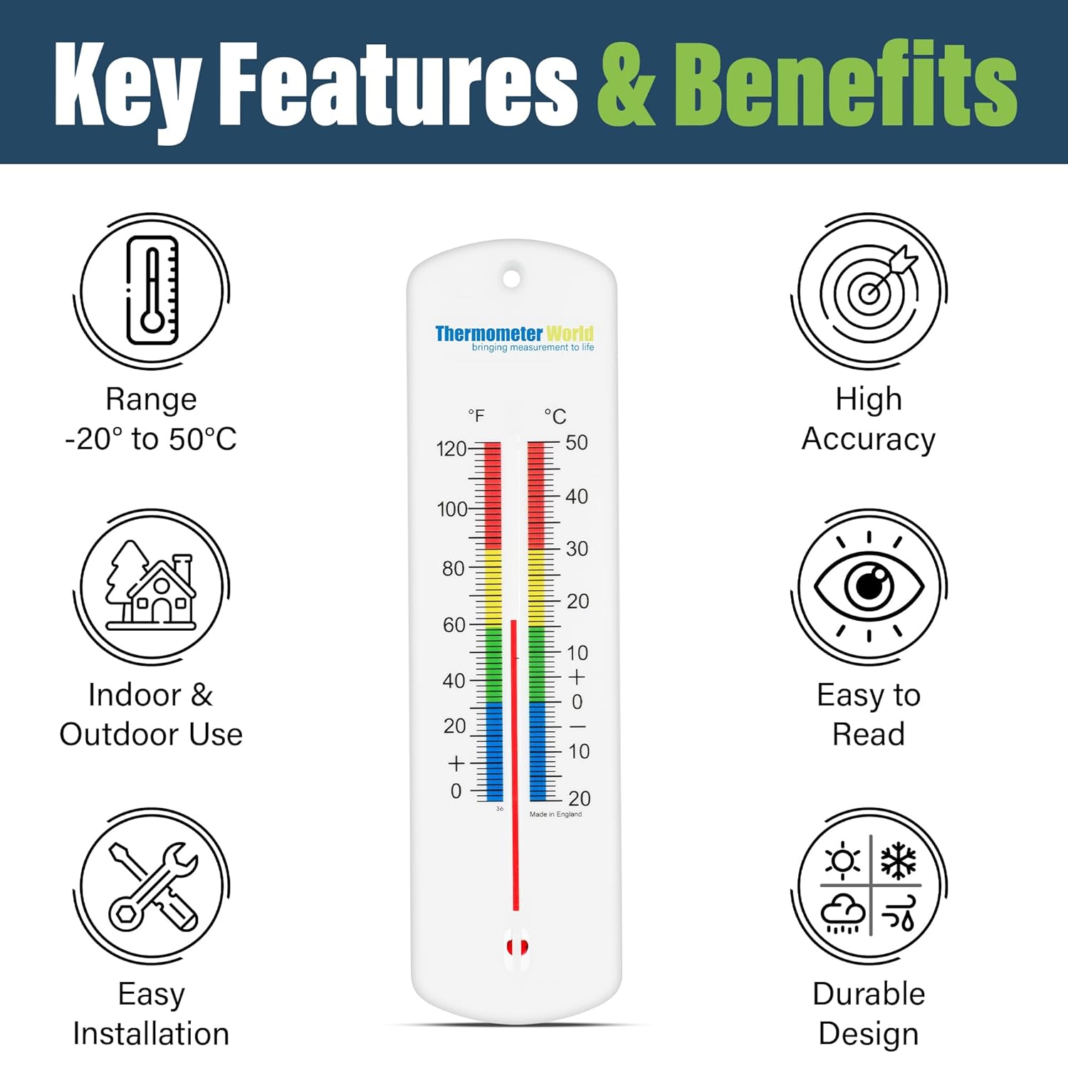 Large 240mm Outdoor Thermometer for Garden - Can be Used as a Greenhouse Thermometer or Home Office Room Indoor Outside Complete with Colour Coded Zones