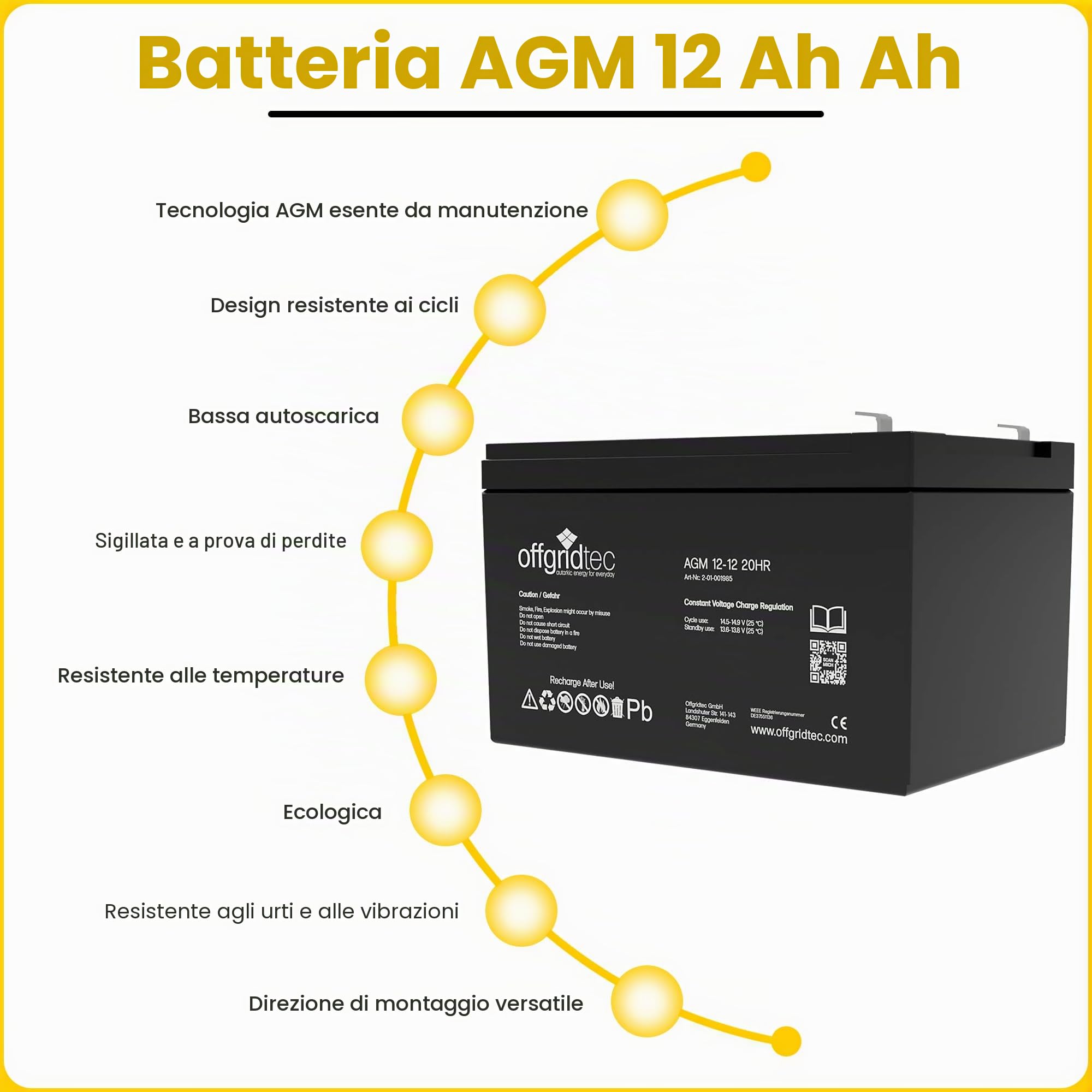 Offgridtec Agm Batteria Solare Estremamente Zyklenfest 12 Ah 20 Stuende 12 V, 2 – 01 – 001985
