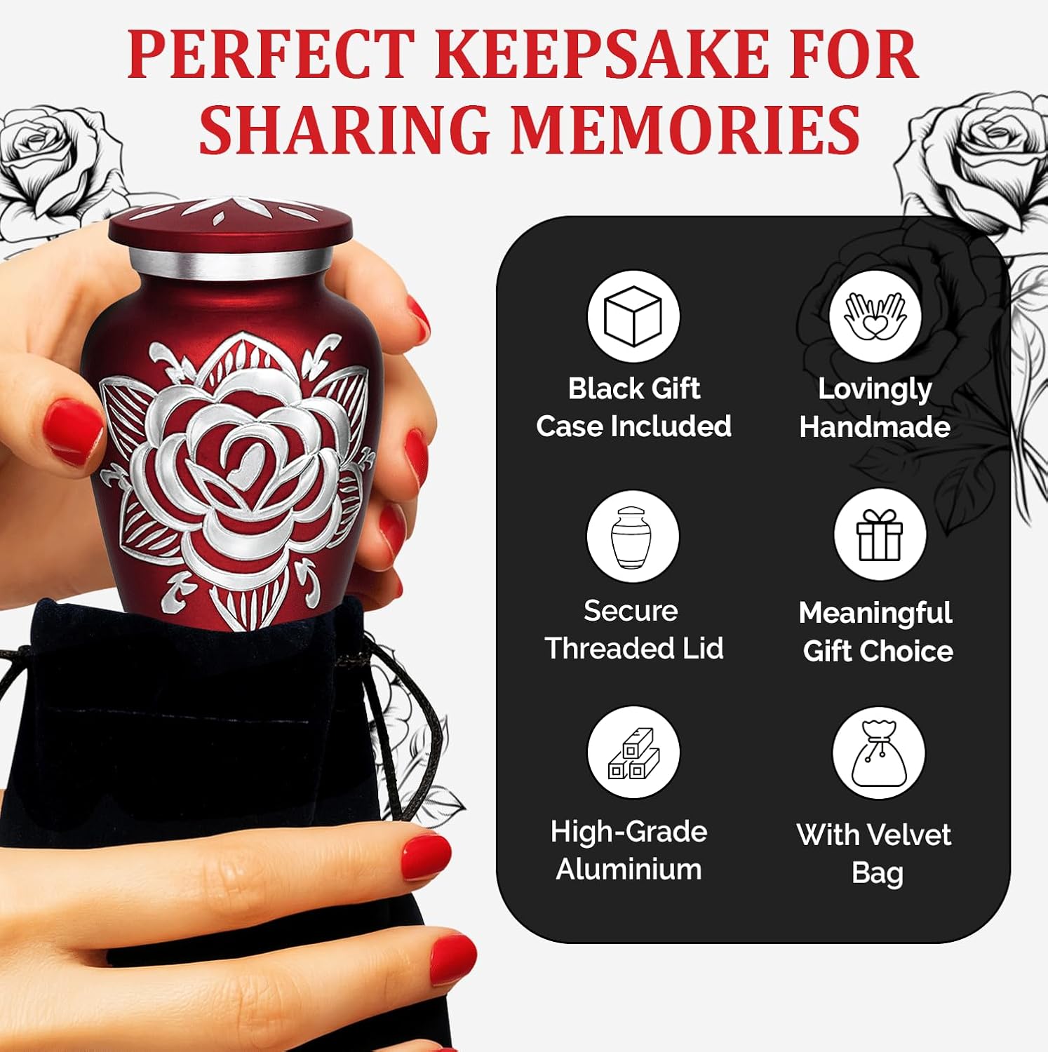 Cremation Urns for Human Ashes Adult Female and Male - Handcrafted Rose Urn Design - Honor Your Loved Ones with Decorative Funeral Urns for Mom and Dad (Ruby Red, Small)