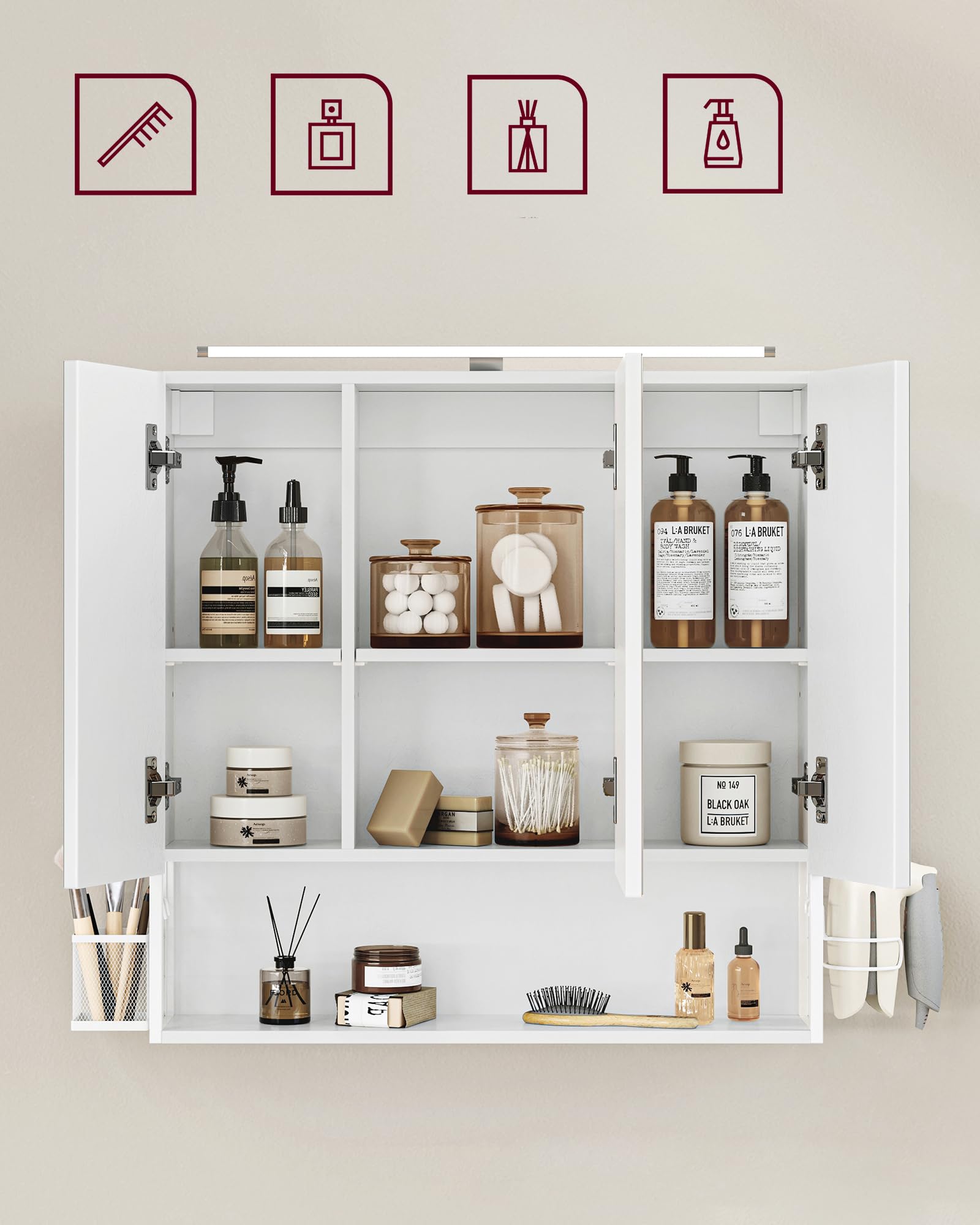 VASAGLE Armadietto da Bagno con Luce LED, 14,5 x 70 x 70 cm, Spina, Cestino Pensile, Porta Asciugacapelli, Mobile a Parete con Specchio, Bianco Nuvola BBK124W14