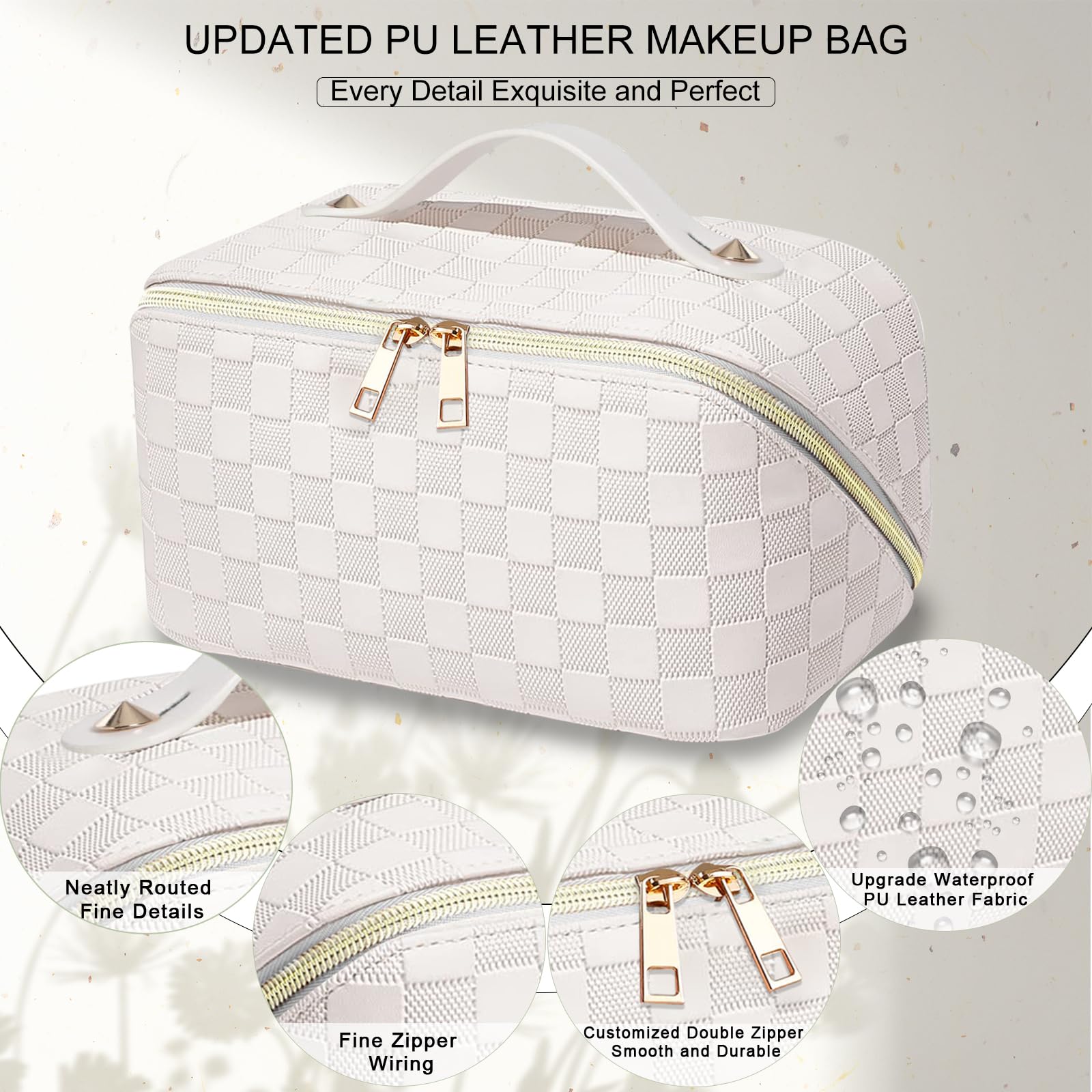 Beauty Case Donna,Trousse Trucchi Donna Borsa Cosmetica da Viaggio in Aggiornata Pelle PU,Borsa Porta Trucchi da Toilette Makeup Bag Organizer(Scacchi-Bianco)