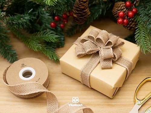 Miniatura 5 de Vitalizart Cinta de arpillera con alambre de 1.0 pulgadas x 12 yardas, cinta de yute natural para envolver regalos, decoración del hogar, decoración
