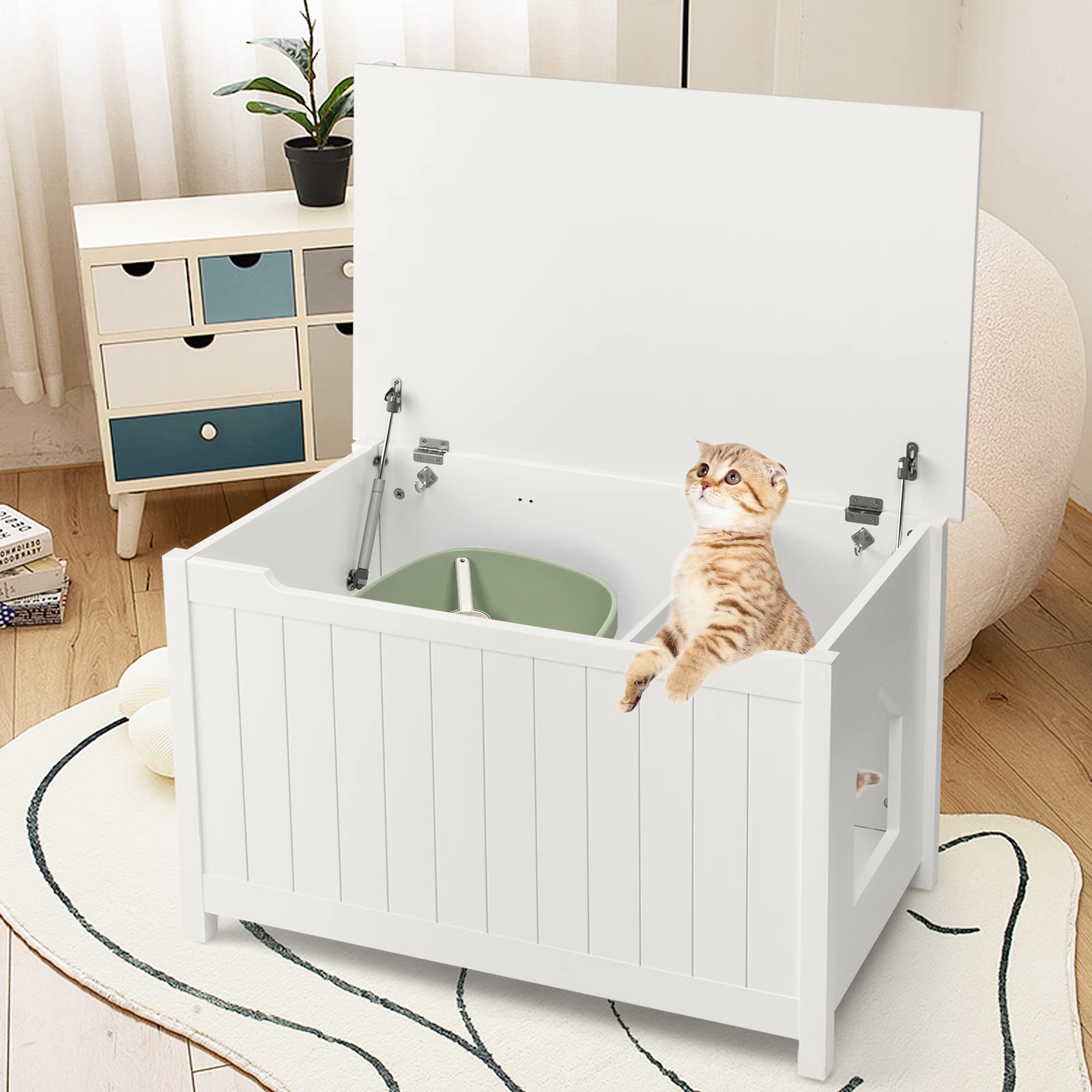 COSTWAY Mobile per Lettiera Gatti con Apertura Superiore | Mobiletto Multiuso con Divisorio Rimovibile, Asta a Gas e Ganci in Metallo per Ingresso e Soggiorno, 82,5 x 51 x 51 cm, Porta