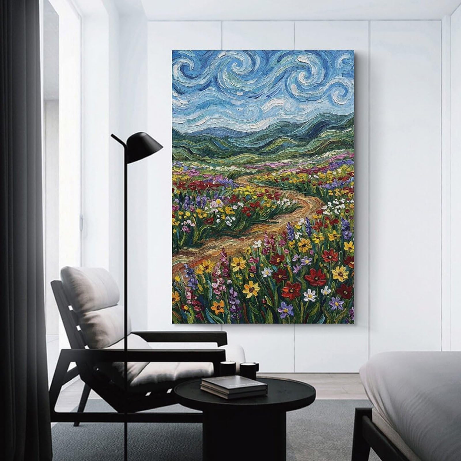 Junmoney Impressionistic Wildflower Field Painting Wall Decor Canvas Print, 20x30inch(50x75cm), for Home Lounge, Bedroom Or Reading Nook, Decorative Artwork for Empty Walls