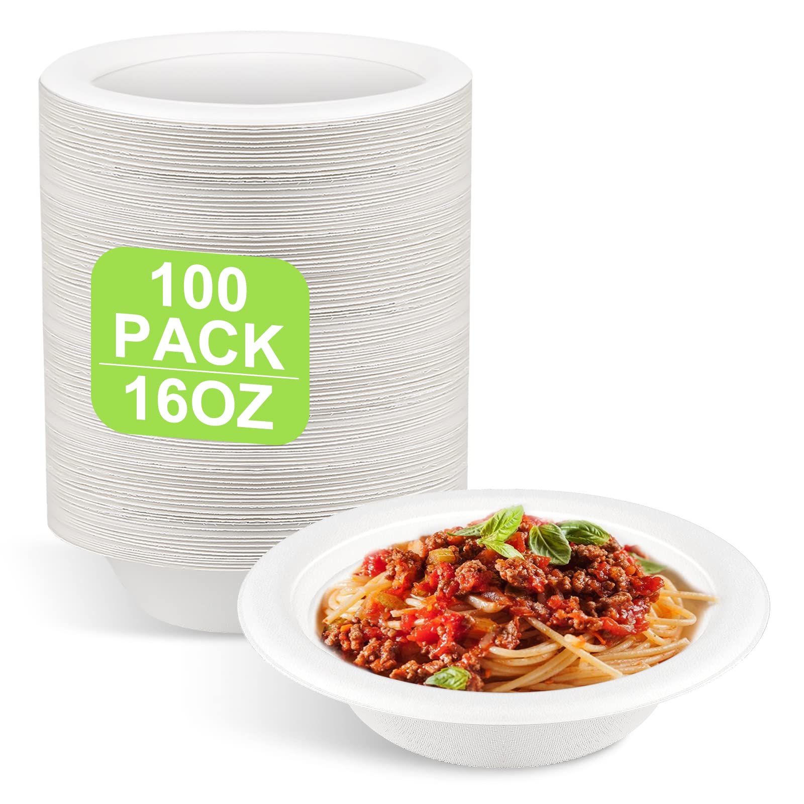 GREENESAGE 100 Pack Paper Bowls Disposable Bowls 16oz Eco-Friendly, Sugarcane Strong White Bowls Serving Bowls Compostable Soup Bowls for Hot Food Christmas Wedding Party