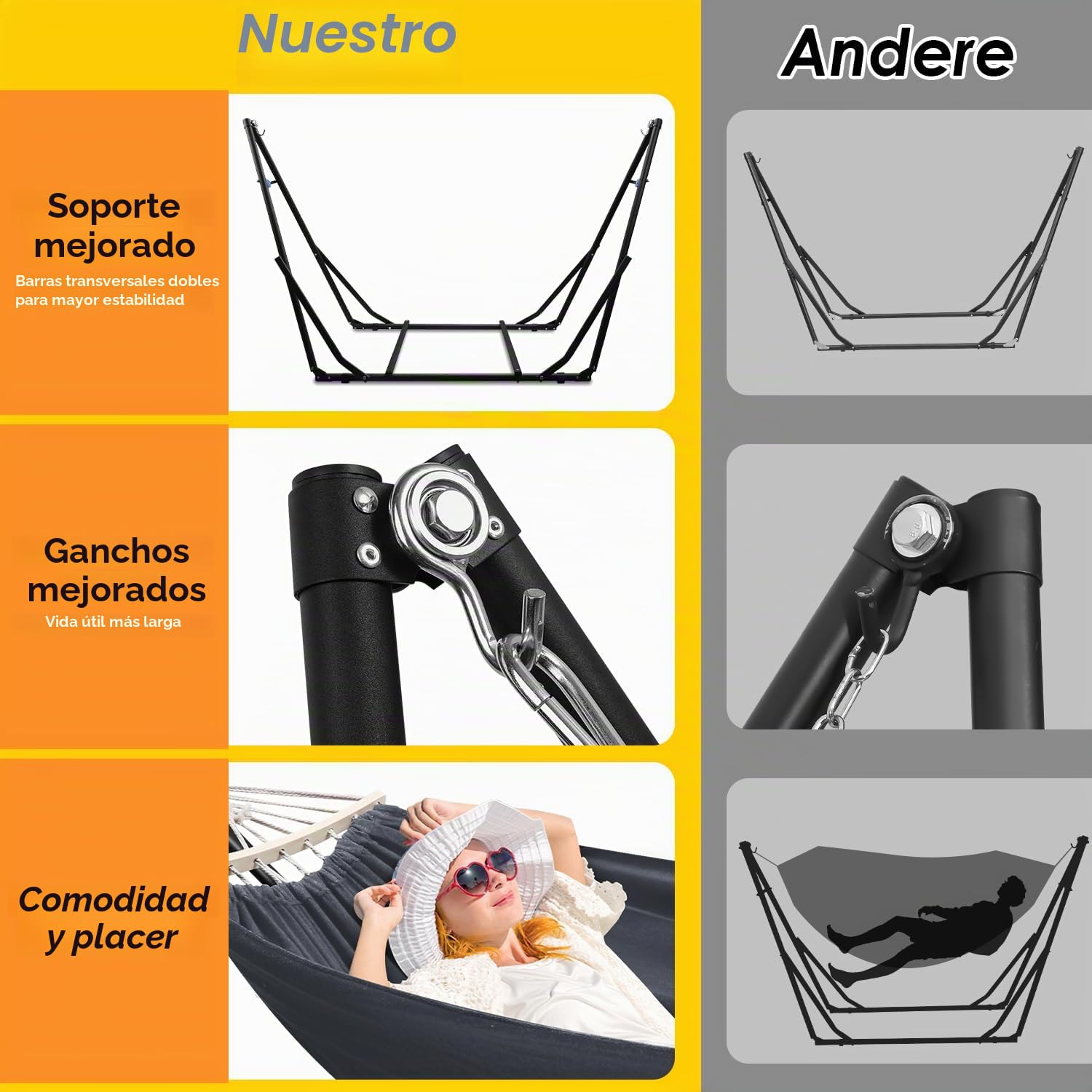 Hamaca con estructura plegable para jardín, estructura de metal para exteriores, con bolsa de transporte, estructura de metal de hasta 150 kg, para camping, jardín, piscina, balcón