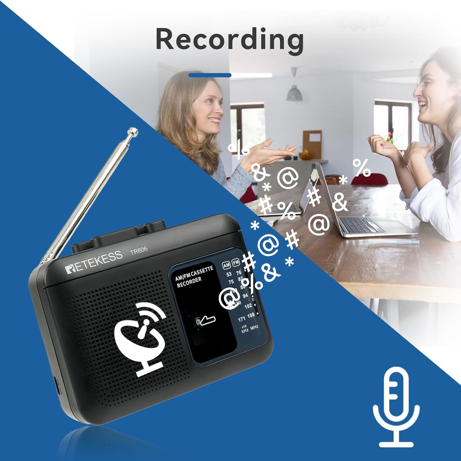Retekess TR606 with recording icon and various sound sources