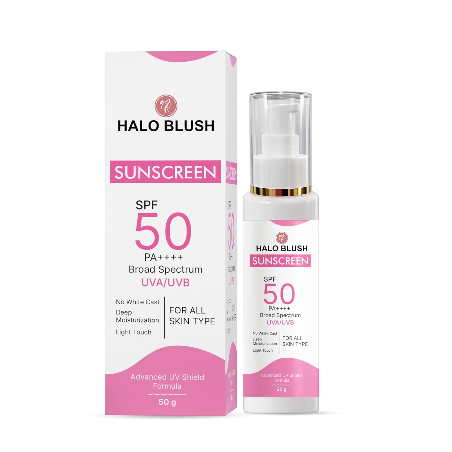 Halo Blush Sunscreen SPF 50 PA++++, Broad Spectrum UVA/UVB, No White Cast, Matte Finish, All Skin Types (50GM)