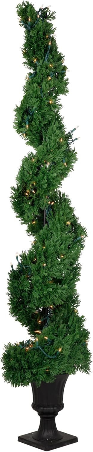 Northlight Pre-Lit Artificial Cedar Spiral Topiary Tree in Urn Style Pot Clear Lights, 5.5', Green