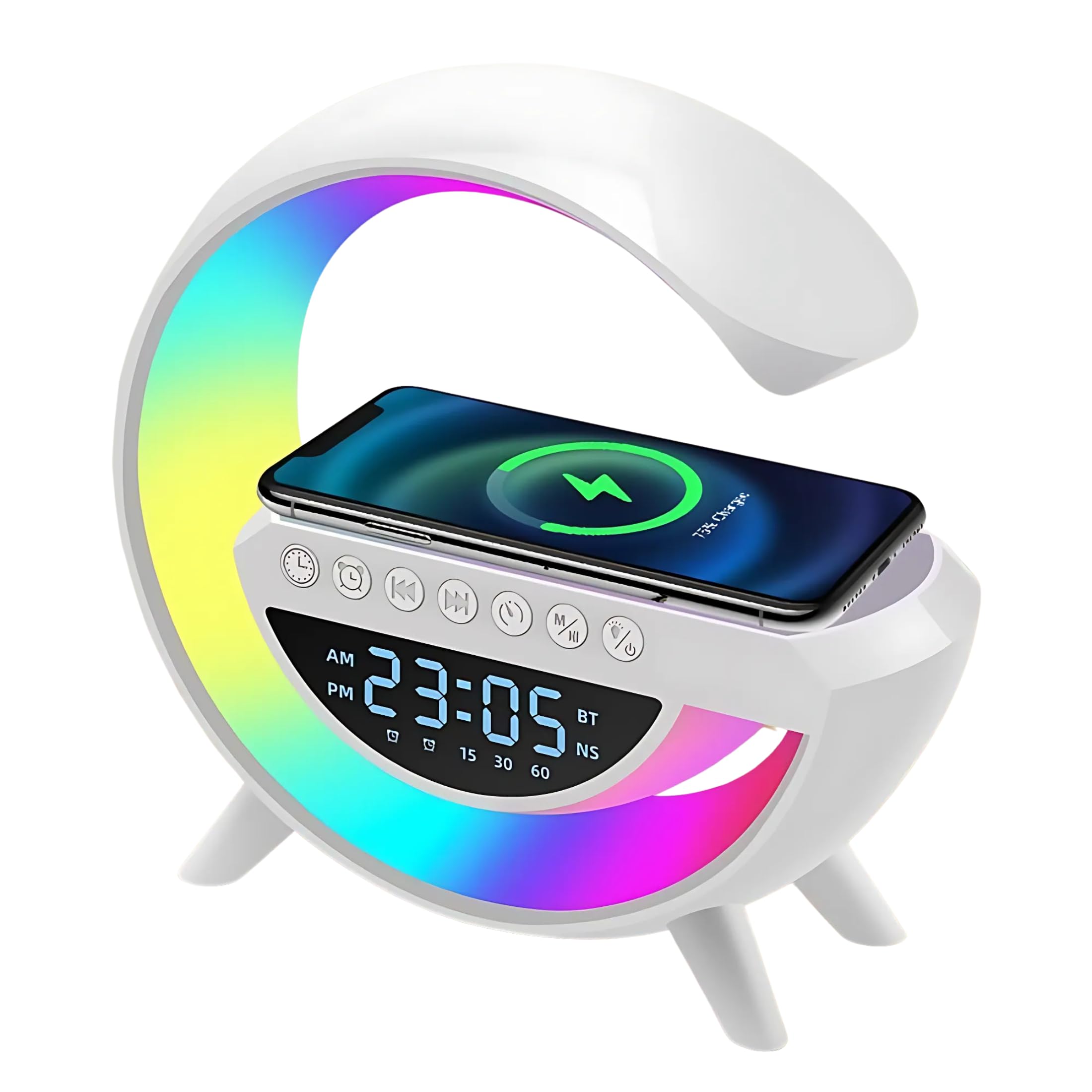 Drumstone (Special 𝟭𝟱 𝗬𝗲𝗮𝗿𝘀 𝗪𝗮𝗿𝗿𝗮𝗻𝘁𝘆 All-in-One Night Light, Wireless Charger, Bluetooth Speaker, Sunrise Alarm Clock, & RGB Table Lamp with App Control - Stylish & Functional