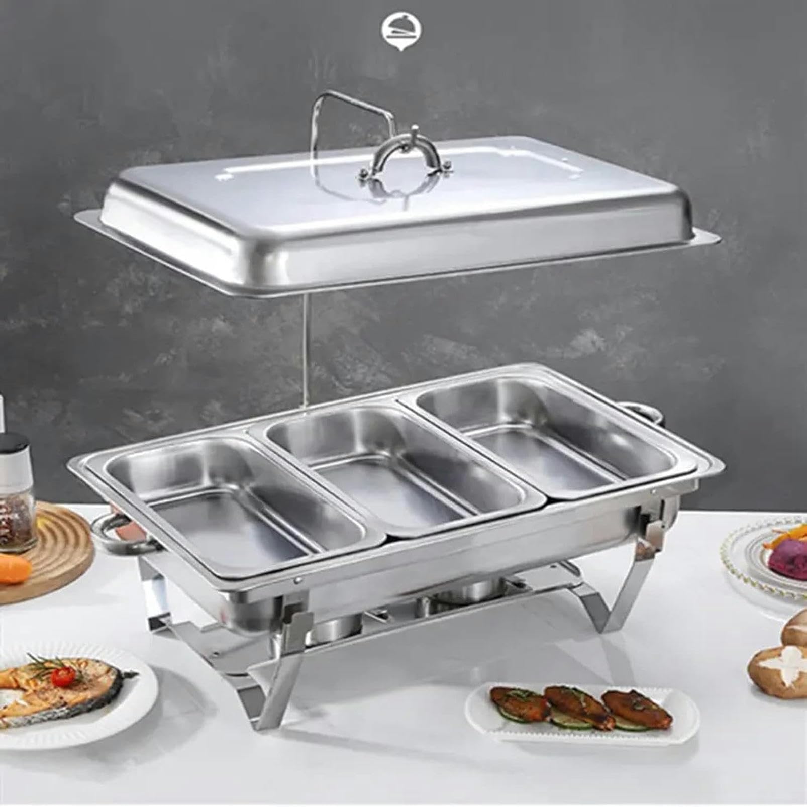 Scaldavivande per buffet per catering, piastra rotonda con coperchio in vetro, pentola dell'acqua e griglia per carburante, adatta per matrimoni, banchetti, eventi di catering