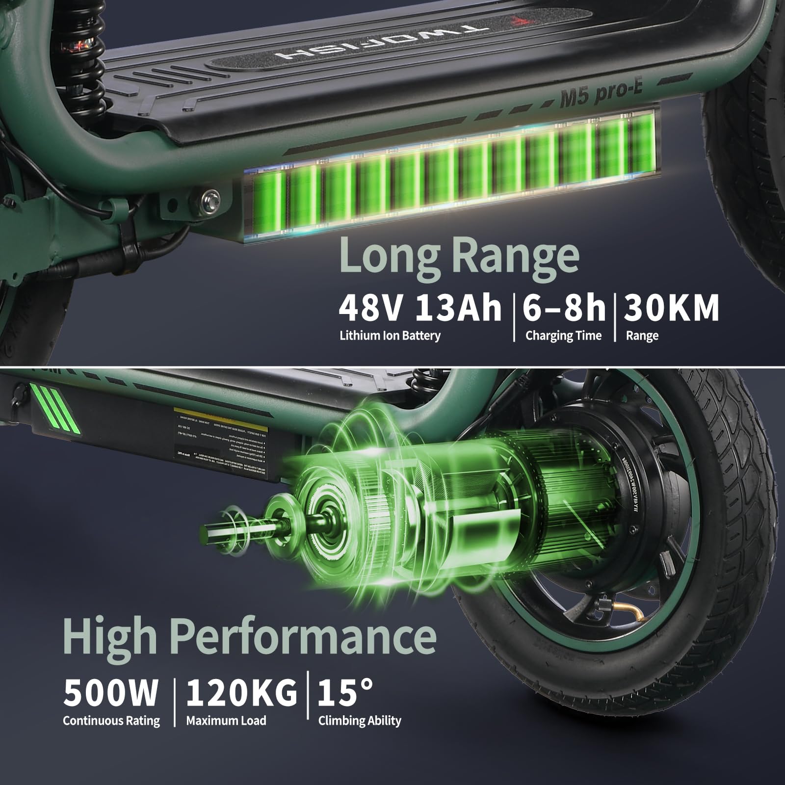 TWOFISH Monopattino Elettrico per Adulti, Scooter Elettrico da 12 Pollici Dotato di Motore da 500 W, Batteria da 48 V 13 Ah, Velocità Massima di 25 km/h, Capacità di Carico di 120 kg