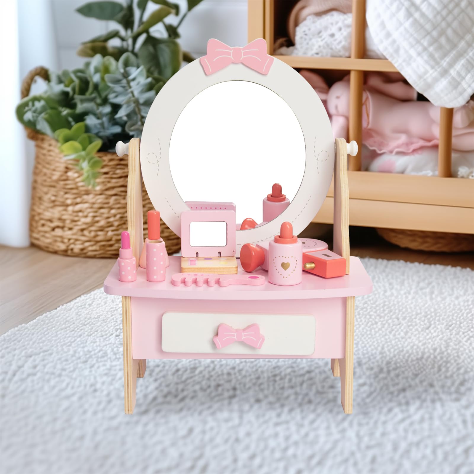 Wooden Vanity Set for Kids, Pretend Play Toddler Makeup Vanity Table Toys with 360° Rotatable Mirror, Beauty Salon Set Includes Makeup Accessories, Little Girls Gift Age 3+ (White)