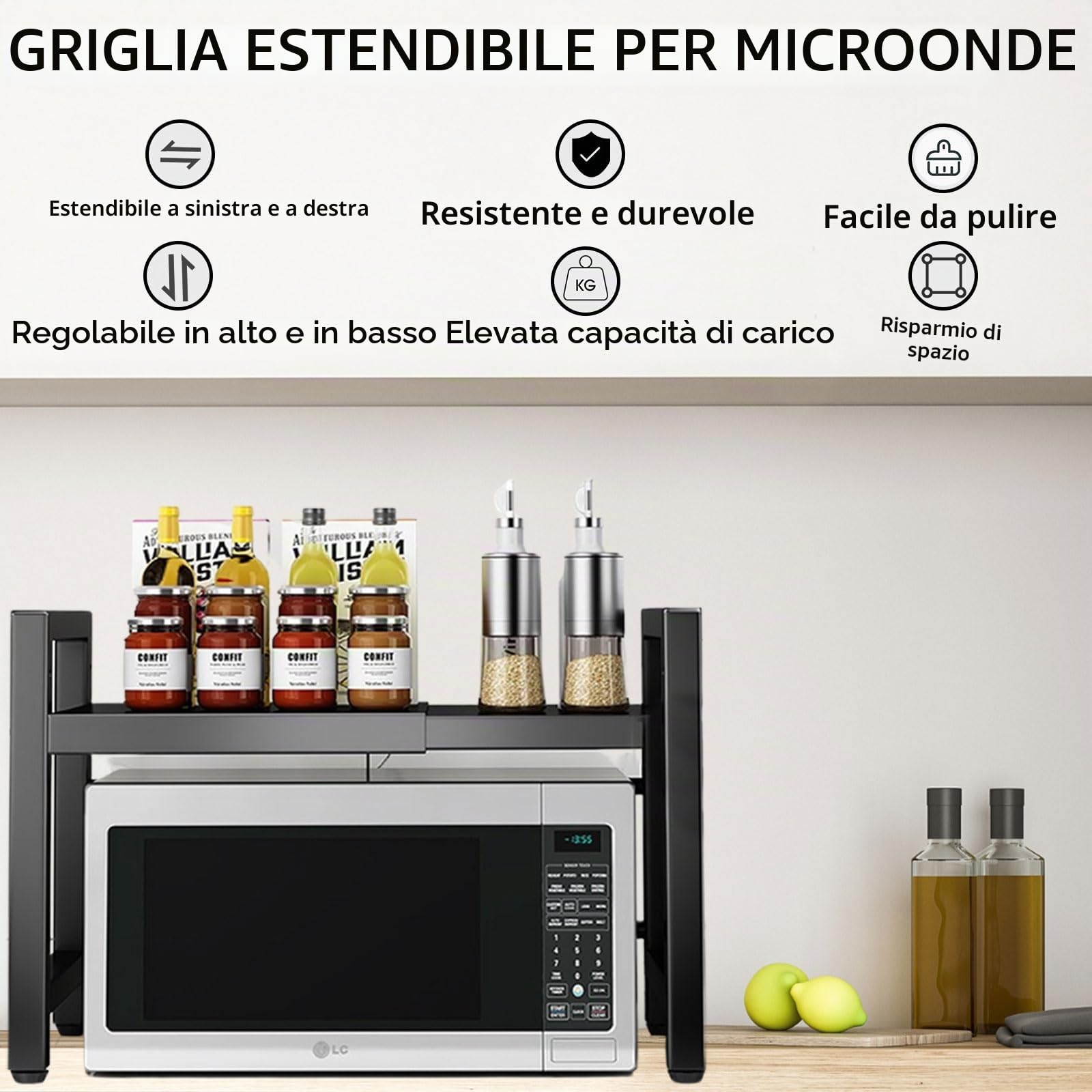 devesanter Scaffale a microonde allungabile a 2 ripiani con 6 ganci, supporto per microonde, ripiano portaoggetti per piano di lavoro, allungabile da 40 a 64 cm, nero