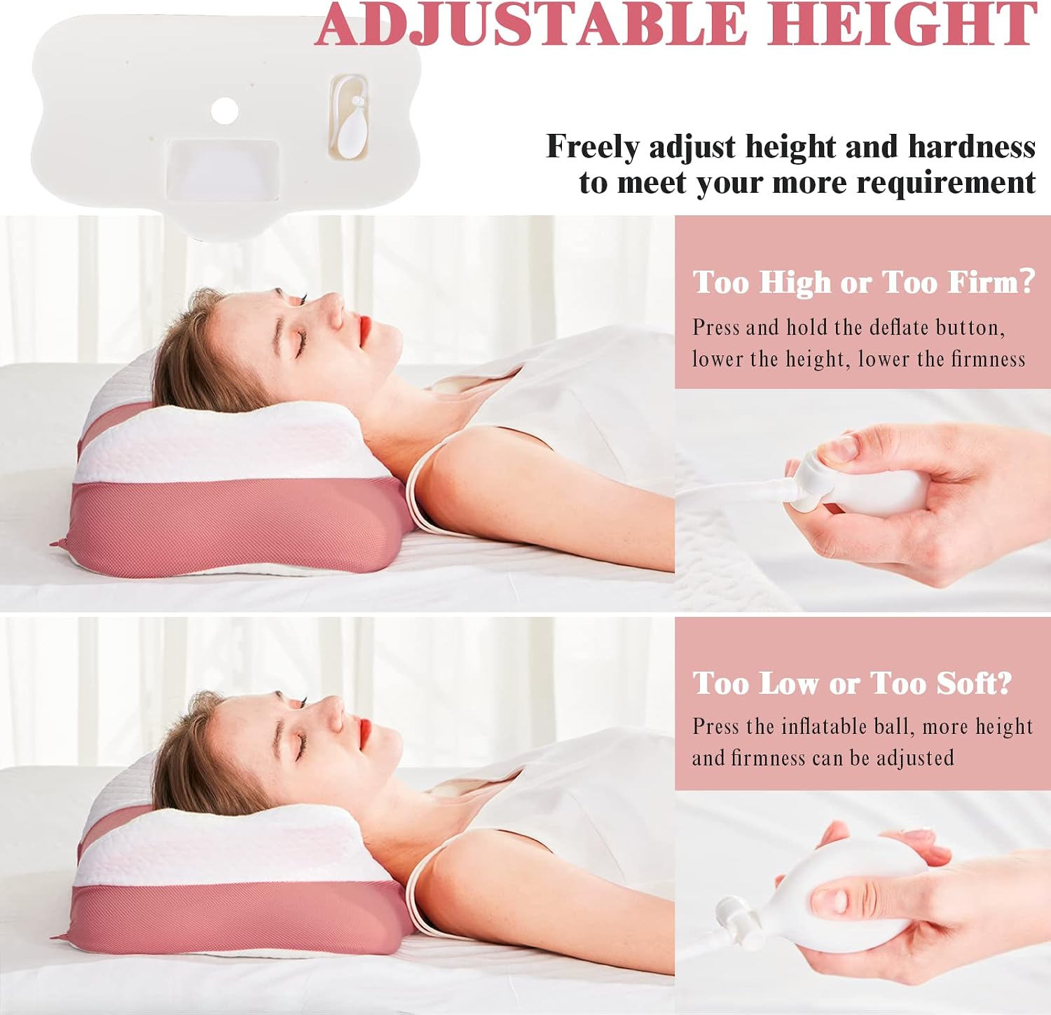 Cervical Memory Foam Pillows, Side Sleeper Pillow for Neck Shoulder Pain Relive Orthopedic Contour Ergonomic Inflatable Height Adjustable Pillows for Back Stomach Sleepers with Air Bag