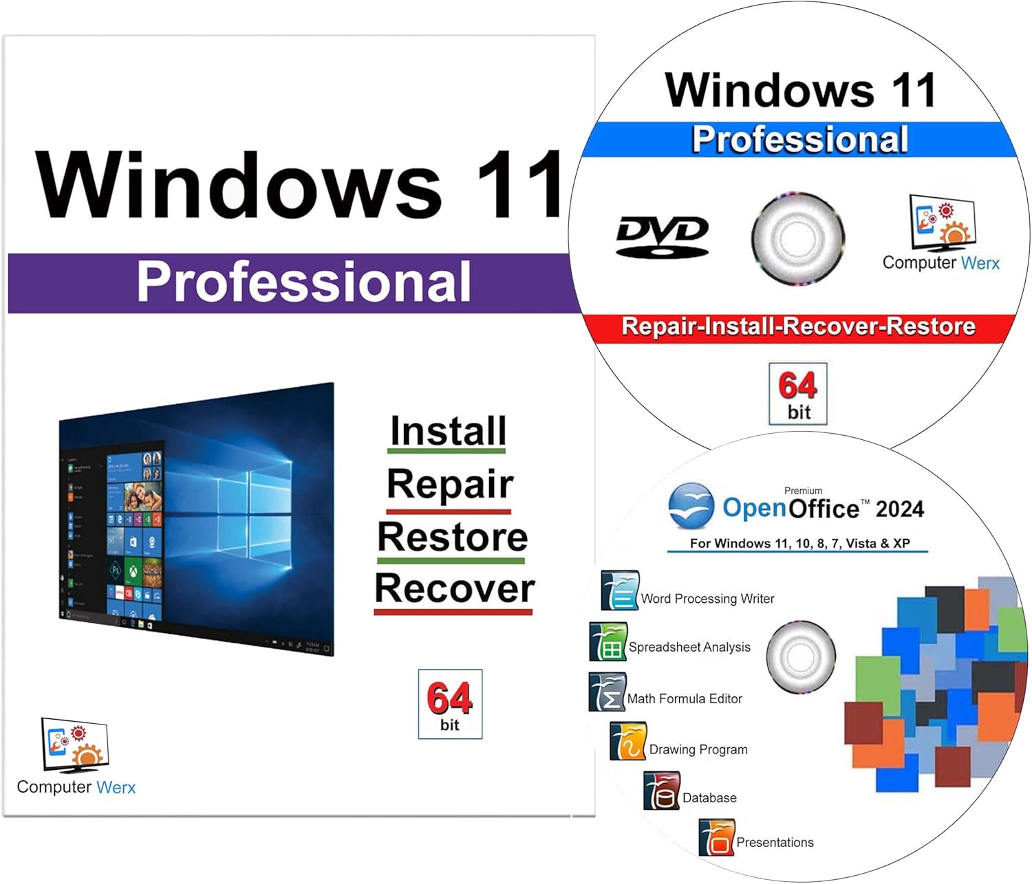 Computer Werx Compatible with/Replacement for Windows 11 Professional 64 Bit install, repair, recover & restore DVD with Key plus Open Office 2024