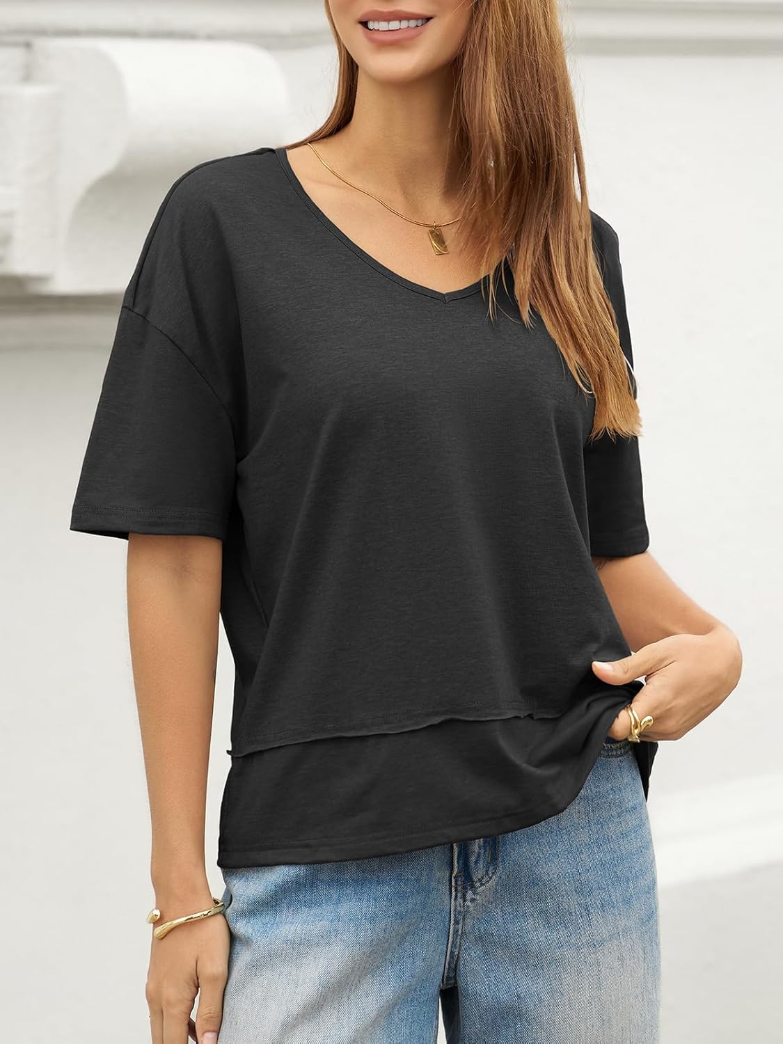 UNCLECAT Womens V Neck T Shirts Summer Trendy Short Sleeve Shirts Loose Casual Tops Tee - Image 3