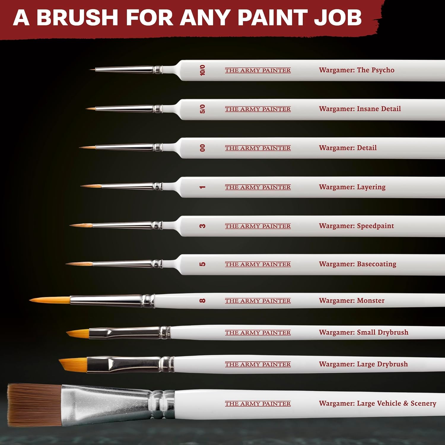 The Army Painter, Mega Brush Set, 10 Wargamers Miniature Paint Brushes - 3 for Layering, 2 for Drybrushing, 3 for Detailing & 2 for Large Models