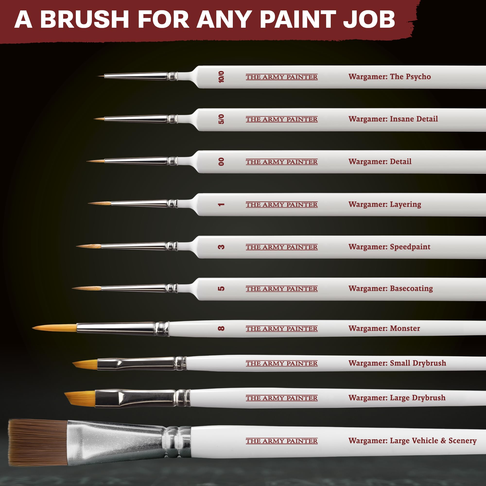 The Army Painter, Mega Brush Set, 10 pinceaux pour miniatures Wargamer – 3 pour le layering, 2 pour le drybrushing, 3 pour le detailing et 2 pour les grands modèles