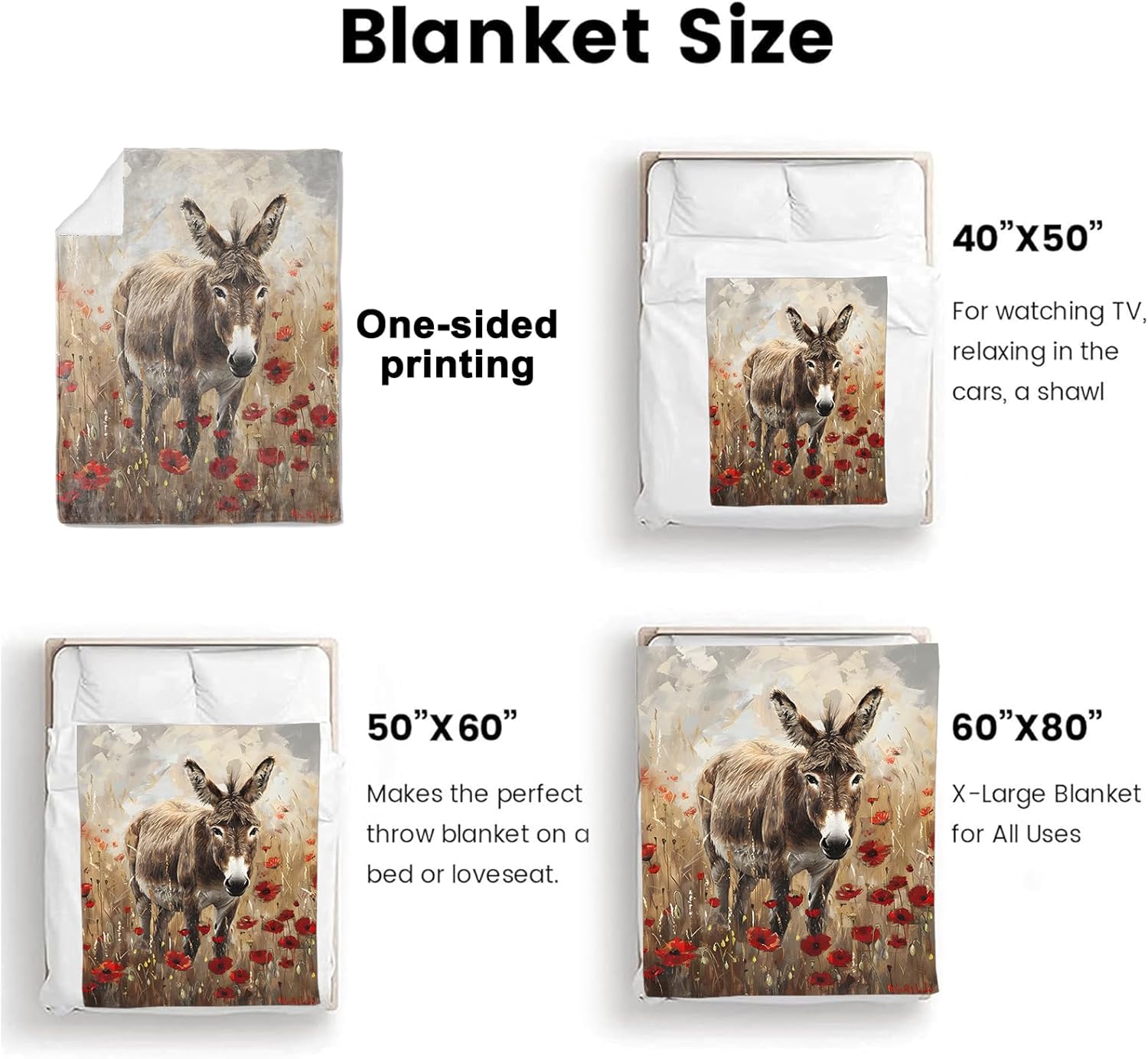 Donkey Poppy Field Throw Blanket Gifts for Women Girls Kids Adults, 50x60 in, Flannel Blankets for Bedroom, Camping, Couch, Room Decor, Fuzzy Warm Cozy Soft - Image 3