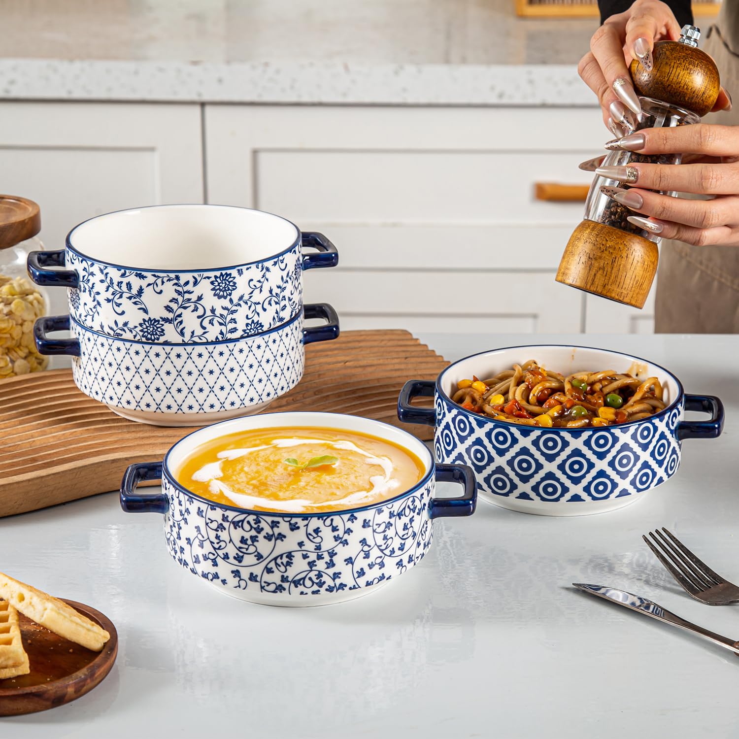 Suppenschalen mit Griffen, 680 ml, Keramik, französische Zwiebelsuppentöpfe, Servierschalen für Nudeln, Müsli, Rind, Eintopf, Kuchen, Auflaufform, Ofen, Mikrowelle, Geschirrspüler, 4 Stück